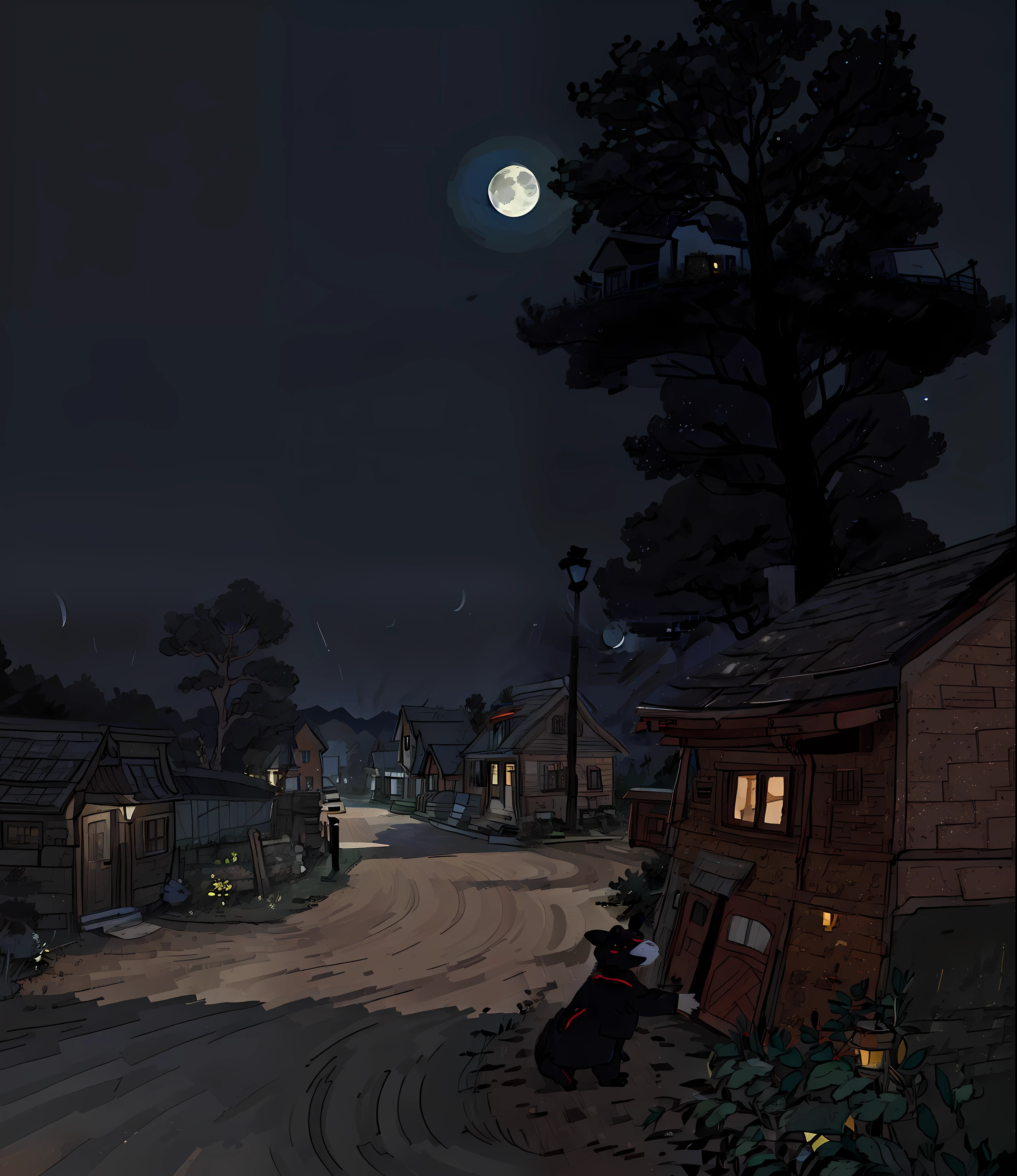 Night view of the countryside at night,(There is a small house on the dirt road:0.5),(tree:1.2),(weed:1.2),Black Dog,With the theme of the night village background,Night rendering and moonlight effects create digitally illustrated, night realistic scenes。- Works by Cheng Zhengkui。
