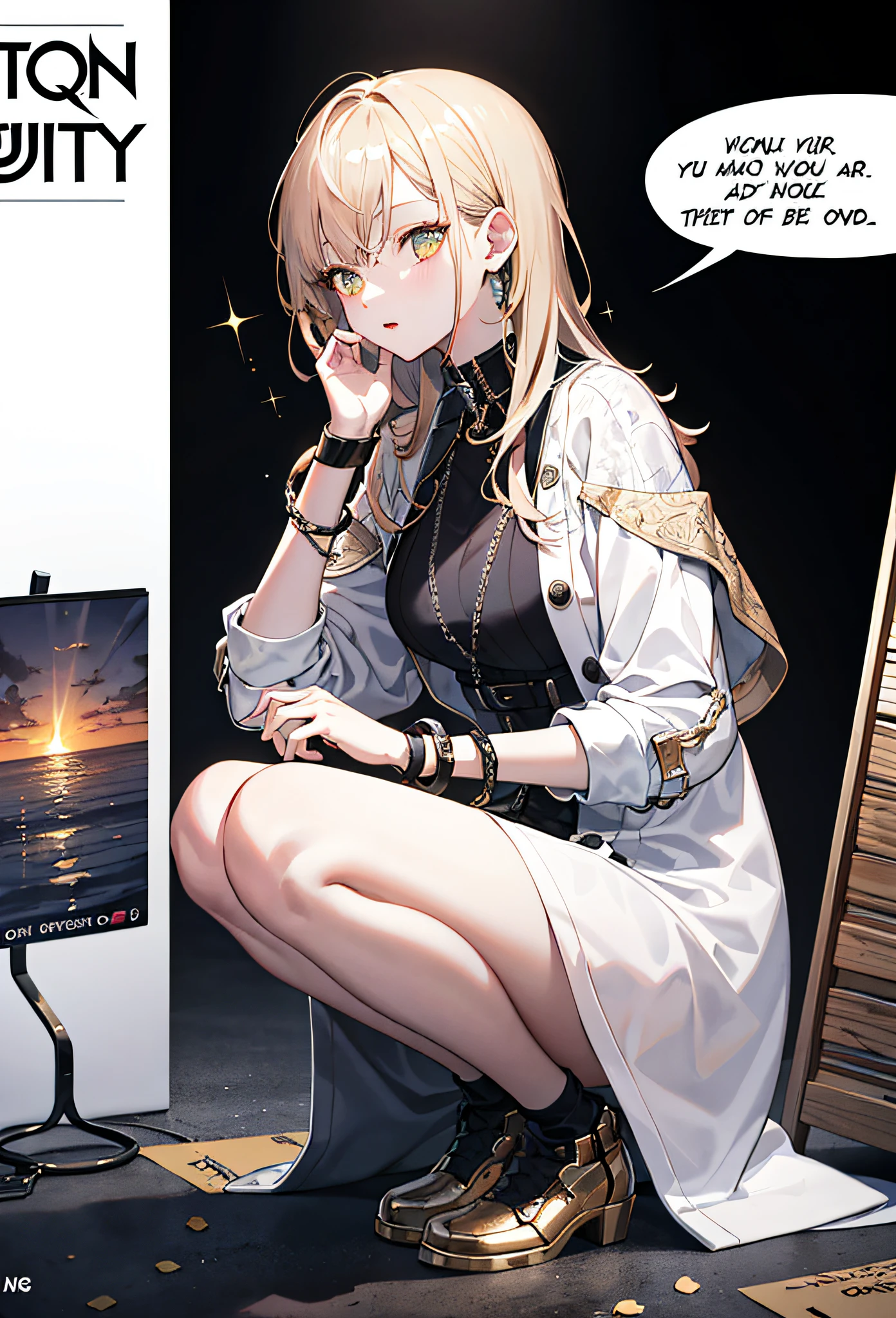 {{best qulity}}, Wallpapers, {{hyper detailed}}, {{illutstration}}, astonishing, finelydetail, Extremely detailed CG, beautiful detail glow, artbook, Original, cinematic lighting,Ad cover, Perfect shadows, illumination,Light brown skin, Knees up or on your knees, Slender, Shiny hair, (gleaming skin), chain, collars, Bind your hands, handcuffs, Tags on the body, simplebackground,(magazine:1.3), (Cover style:1.3), stylish, cwoman, Energetic, outfits, posing in, front facing, colourful, dynamic, backdrop, Elemental, Be confident, expressively, Hold, statement, Accessories, majestic, coil, around, Touch the, Scenes, text, cover, Bold, attention-grabbing, headline, stylish, typeface, Catchy, headline, Bigger, attention-grabbing, modern day, stylish, focus, stylish,