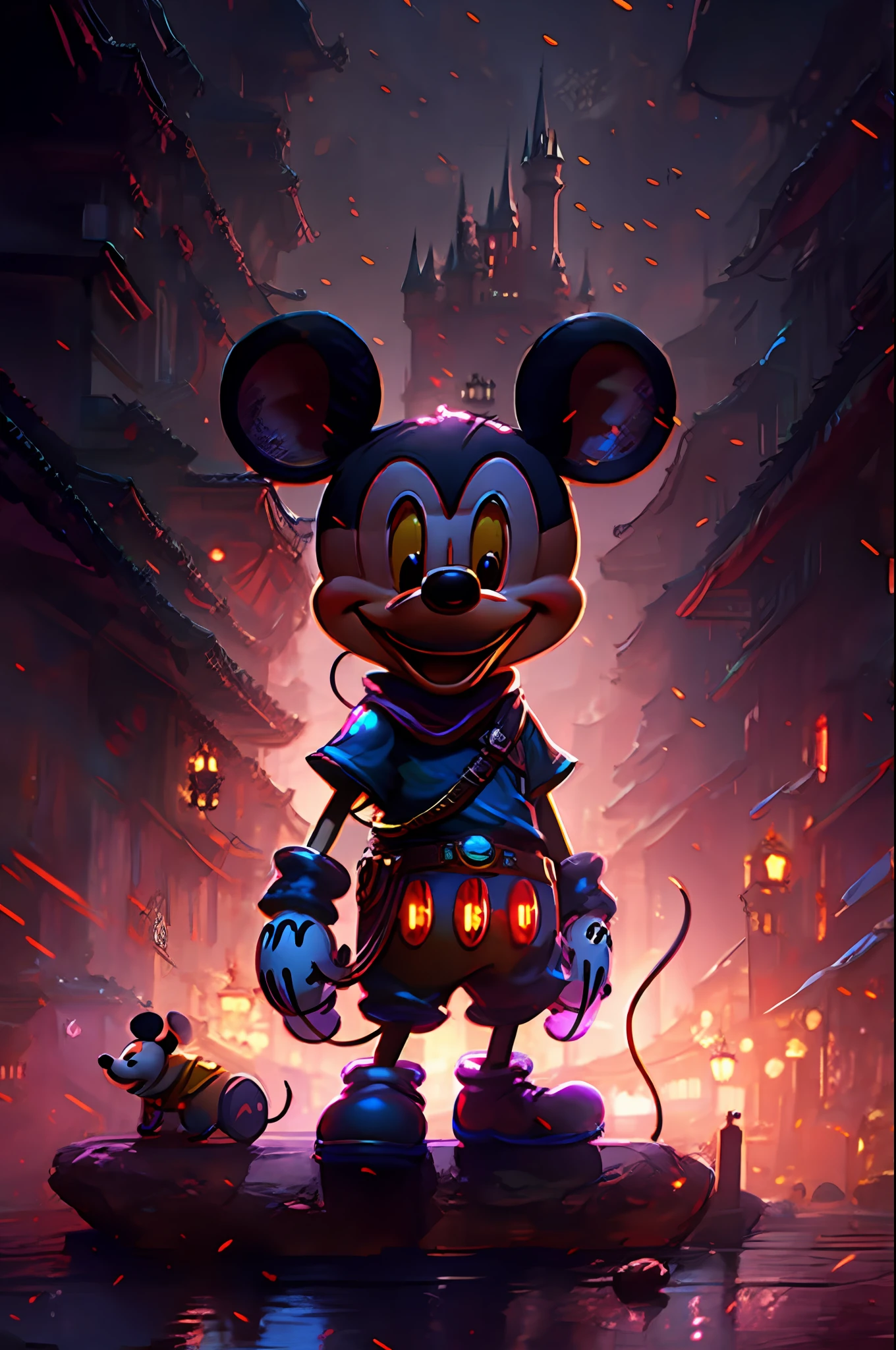 a cartoon mickey mouse stands in a dark room with a castle in the background, anthropomorphic mouse, mickey mouse, disney concept art, wojtek fus, disney render, art in the style of disney, high detailed official artwork, epic video game art, production art, official art, disney concept artists, 8k high quality detailed art, portrait of mickey mouse,cinematic,HD,ultra resolotion,Hyper detail,ultra realistis,8k