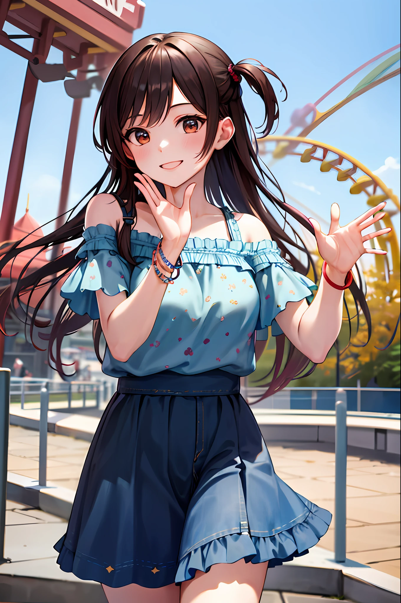 masterpiece, best quality, highres, chi1, 1girl, long hair, one side up, solo, bracelet, bangs, bare shoulders, blue shirt, floral print, short sleeves, off-shoulder shirt, frills, blue skirt, amusement park, waving, smile,