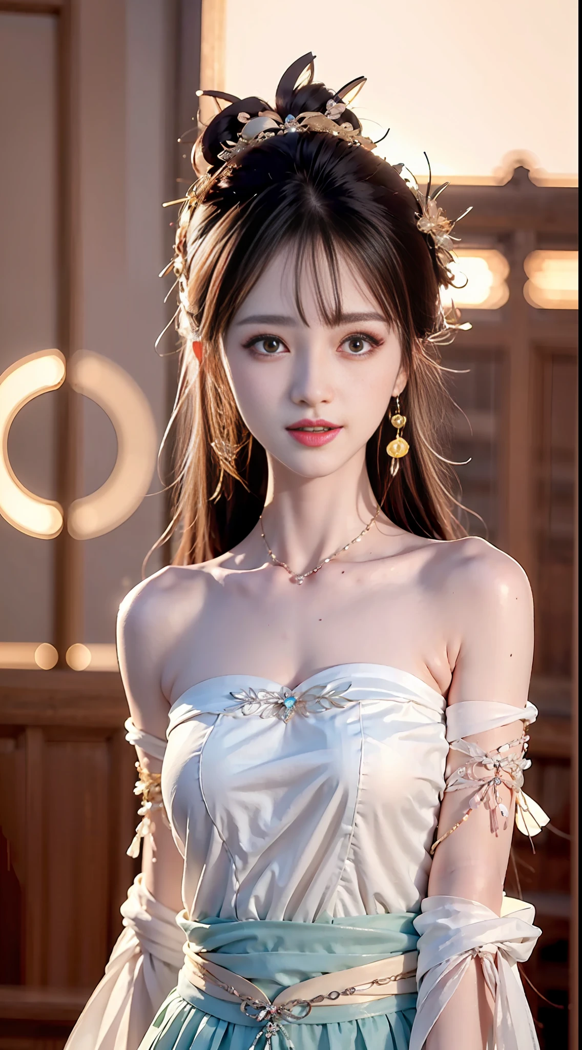 Best quality, master-piece, high resolutions, 1girls, Blushlush,(Seductive smile:0.8), Star pupil, White porcelain halter neck Hanfu, hairornaments, ear ring，gargantilha, Ornaments, beauty face, human body, Tindal effect, Lifelike, Dark Studio, edgelighting,Two-tone illumination，（High Detail Skins：1.2），8K  UHD，Slr，softlighting，high qualit，volume illumination，Candid camera，photot，high resolutions，4K，8K，bokeh，
