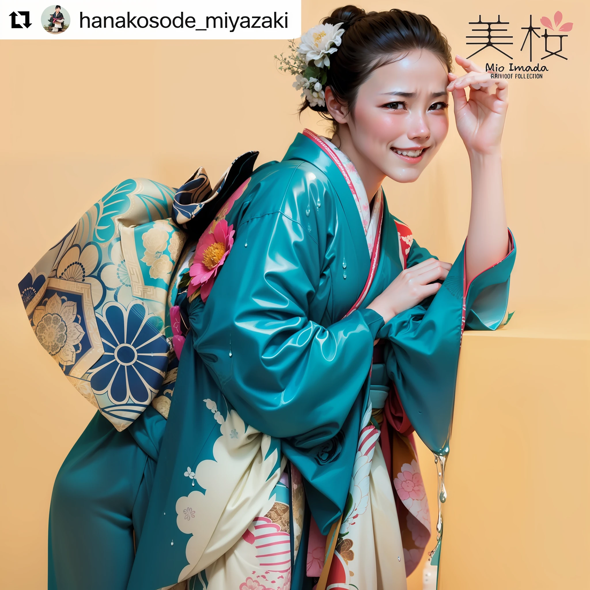 heavy raining、Kimono soaking wet、Rain dripping from kimono