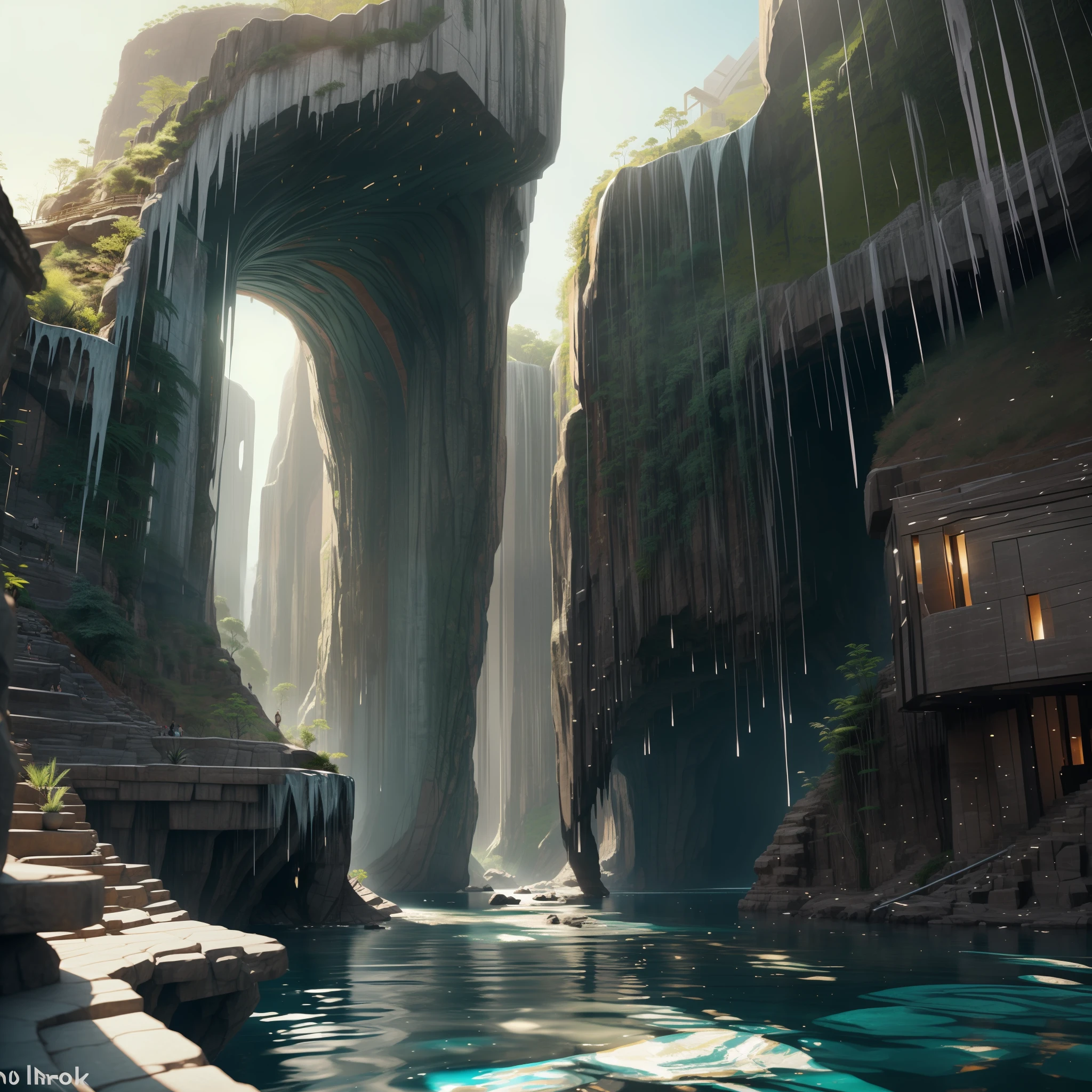 :an awesome sunny cheerful day environment concept art of Futuristic design of cave architecture interiors concept art on grand Canyon caves nature architecture, proportional,detailed, cave architecture nature meets futuristic architecture on a rainforest jungle cliff with huge waterfalls,Crepuscular rays, nature meets modern architecture in the style of Aries Moross, Rem Koolhaas,Daniel Libeskind, Jean Nouvel, Paolo Soleri,Toyo Ito and Philip Johnson with Dry brush drawing style ,Chiaroscuro village,cliff side residential area, mixed development,nature architecture,bright colors,high rise made up staircases, balconies, full of glass facades,carved from rocks, masterpiece, proportional, detailed, trending on artstation, beautiful lighting, realistic, intricate