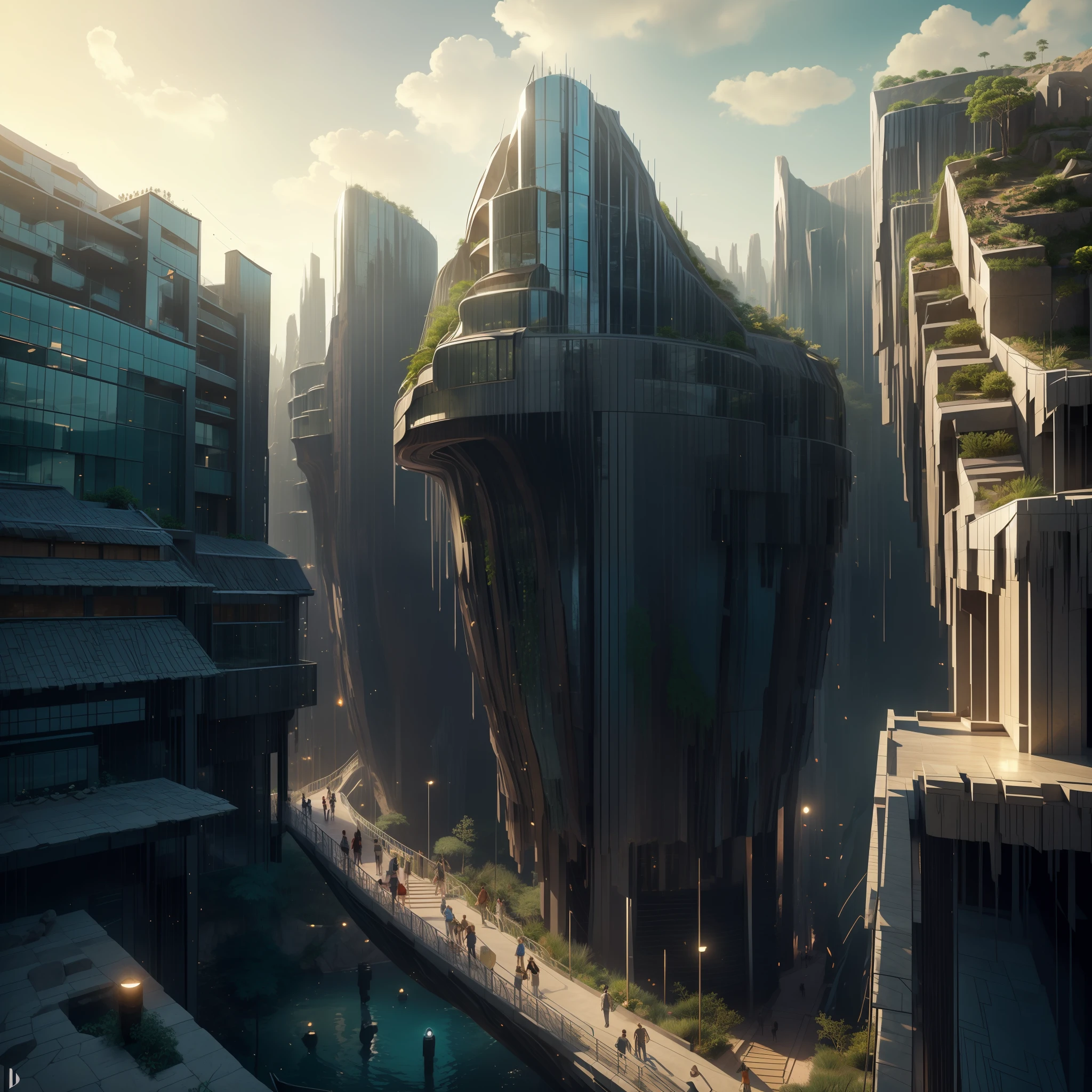 :an awesome sunny cheerful day environment concept art of Futuristic design of cave architecture interiors concept art on grand Canyon caves nature architecture, proportional,detailed, cave architecture nature meets futuristic architecture on a rainforest jungle cliff with huge waterfalls,Crepuscular rays, nature meets modern architecture in the style of Aries Moross, Rem Koolhaas,Daniel Libeskind, Jean Nouvel, Paolo Soleri,Toyo Ito and Philip Johnson with Dry brush drawing style ,Chiaroscuro village,cliff side residential area, mixed development,nature architecture,bright colors,high rise made up staircases, balconies, full of glass facades,carved from rocks, masterpiece, proportional, detailed, trending on artstation, beautiful lighting, realistic, intricate