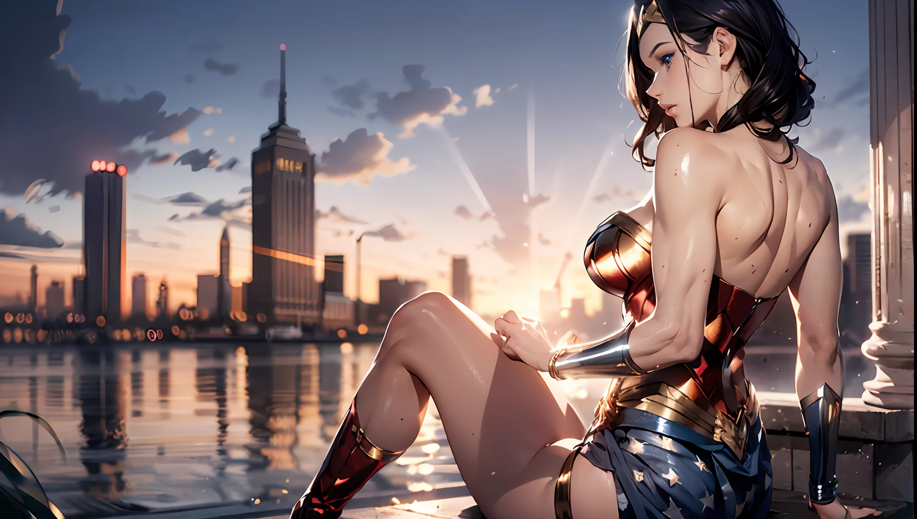 overlooking a city, (night), (bare back), (toned), muscular, light tanned skin, from behind, sitting, (shadow), lighting, wonder woman, (detailed), cinematic lighting, (textured skin), ((sharp focus)), ((very clear)), drop shadow, focused, 1girl, (solo:1.2), (intricate details, makeup), (delicate and beautiful delicate face, delicate and beautiful delicate eyes, perfectly proportioned face), (glossy skin: 1.0), delicate skin, strong and realistic blue eyes, realistic black hair, lips, makeup, natural skin texture, tiara, red and gold bustier, Blue thong with White Stars, bracelet, Red knee high boots, golden belt, (wonder woman clothing:1.0), bare shoulders, ((light tan skin: 1.4)), mature, sexy, elastic muscles, (muscles: 1.2), ((strong and healthy body)), (((more) muscles))), cleavage, long legs, curves, (big breasts: 1.3), ribs, thin waist, soft waist, (delicate skin), (beautiful and sexy woman), (swollen lips: 0.9), (eyelashes: 1.2), heavy breathing, moaning, very delicate muscles, perfect body, perfect anatomy, perfect details, perfect fingers, Perfect limbs, (bare thigh:1.2), ((masterpiece)), (big breasts), (detailed:1.7), (thick lines), shading, tracing, smooth, sharp, (pixiv), ((detailed surroundings)), (very good quality:1.2), long wavy black hair