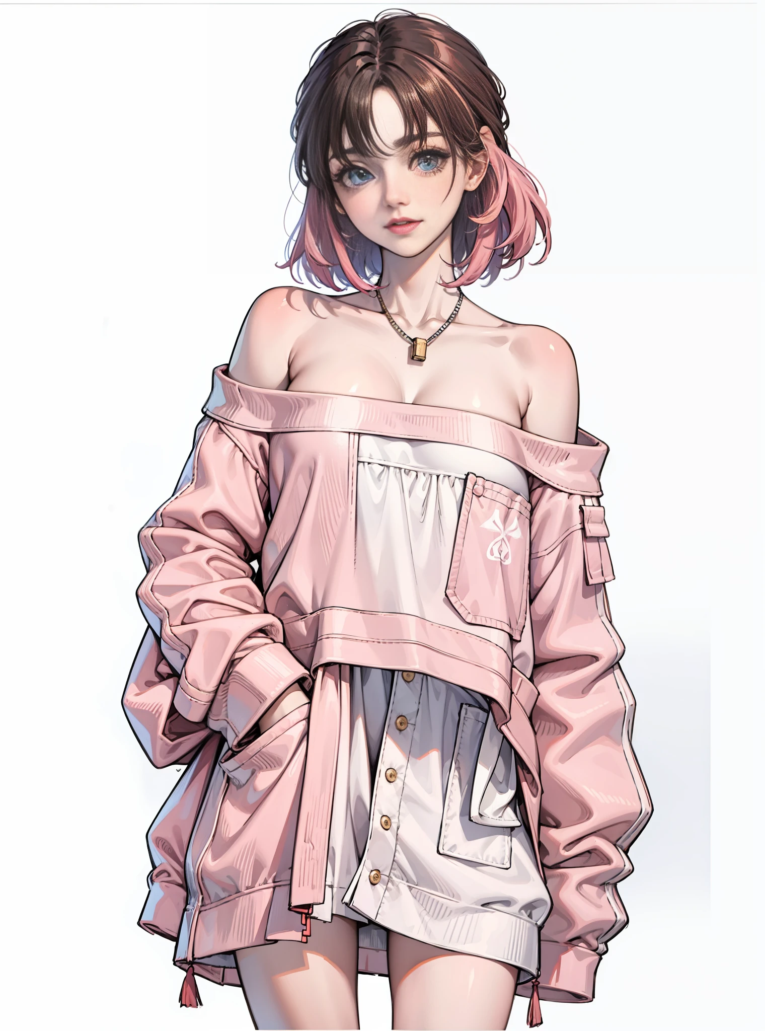 the girl,Full body like,front facing,Positive face,Standing posture,slong hair,Pink hair,natrual light,Summer outfits,parched,Suspenders,tank-top,intracate clothing,Global light, frontview, stylish,mannequin, fashion,Tide brand,Cutes,dreamlike,gargantilha,button,folds, delicated,Sequins,light sparkles, Generate more detail,Light of Arizawa, modern day, style of anime,two-dimensional, animesexy, modern day, futurism, View of whole room, concept arts, Ultra HDR, master-piece, ccurate, super-detail, highdetailed, high quailty, best qulity, high resolutions,without background,White background