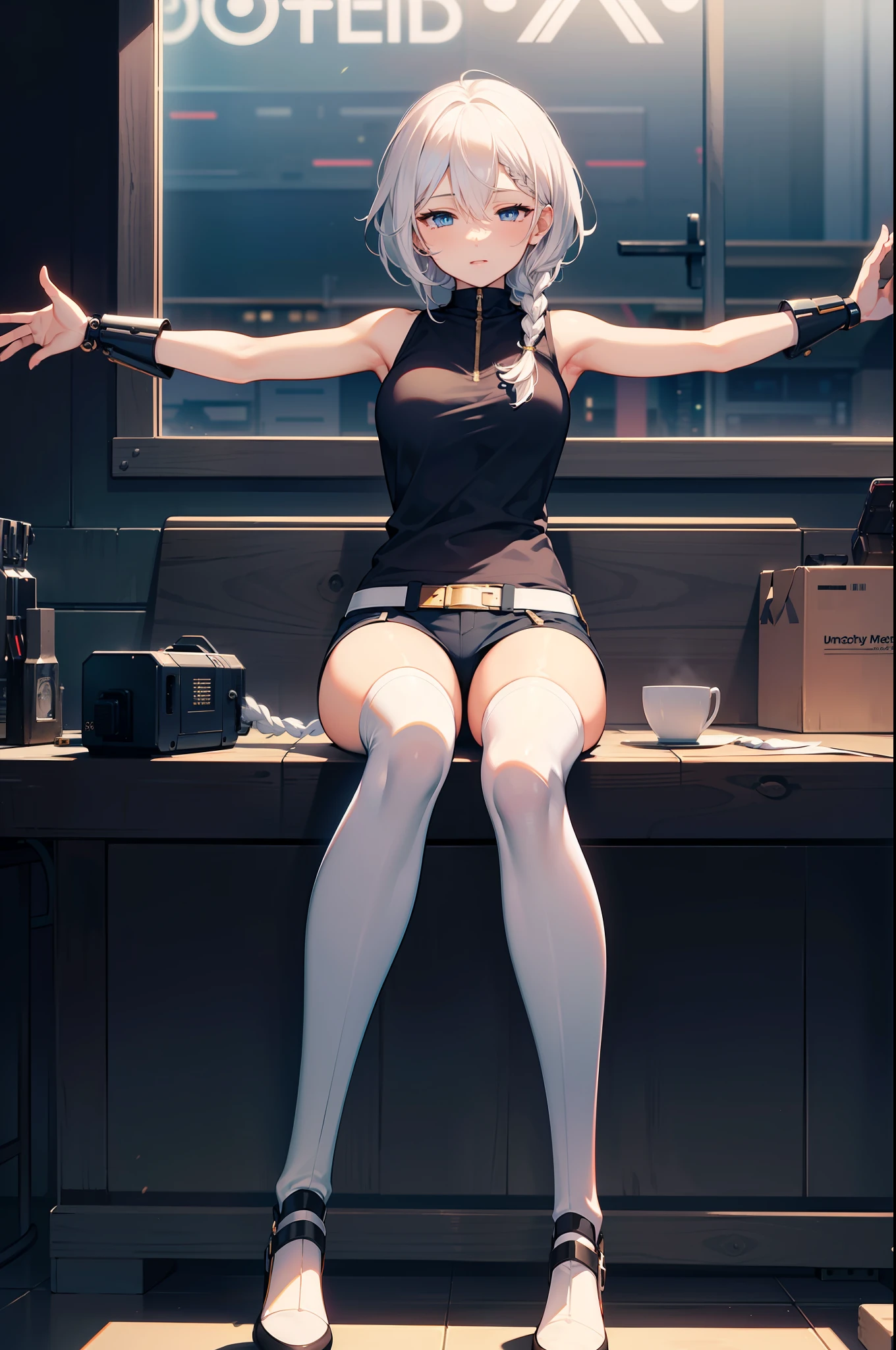 Masterpiece, Best quality, Masterpiece,Best quality,officlal art,Extremely detailed CG unity 8k wallpaper, golden hour lighting, strong rim light, strong shadows, in the cyberpunk city, artbook, Medium hair, White hair, braided, Blue eyes, Medium breasts, Sleeveless shirt, short pant, kneehighs, ((((mechanicallegs)))), jitome, Half-closed eyes, :t, ((short braid)),with open arms,long sidekicks,hair between eyes,Sitting