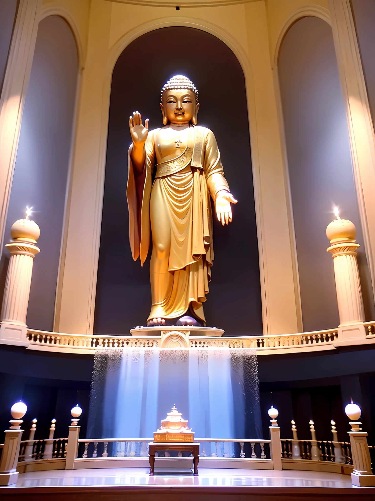 Maitreya, Maitreya Buddha, Maitreya, a large golden Buddha statue sitting in a room with a blue ceiling and a background of blue sky, clouds, above_clouds, airship, aurora, bridge, building, castle, chimney, city, city_lights, cityscape , clock, clock tower, clouds, cloudy sky, constellations, crescent, desert, earth_\(planet\), fireworks, floating islands, fountains, galaxies, glowing, houses, islands, lampposts, lanterns, light particles , galaxy, moon, mountain, night, night sky, no_humans, planet, landscape, meteor, sky, skyline, skyscraper, snow, snowing, space, star_\(sky\), star_\(symbol\), starry_sky, starry_sky_print, telescope, tower, town, twilight, ship