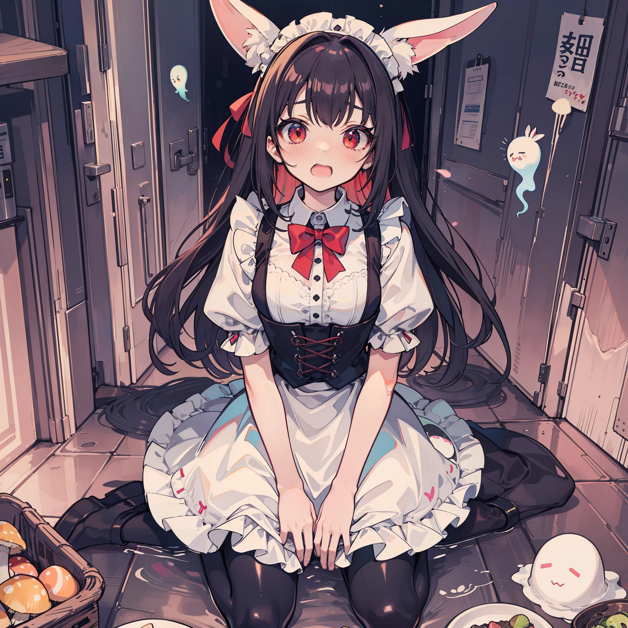 Rabbit-eared girl　maid clothes　 Embarrassing face　Embarrassed cheeks turning red　startled　Surprise　Mushroom ghost