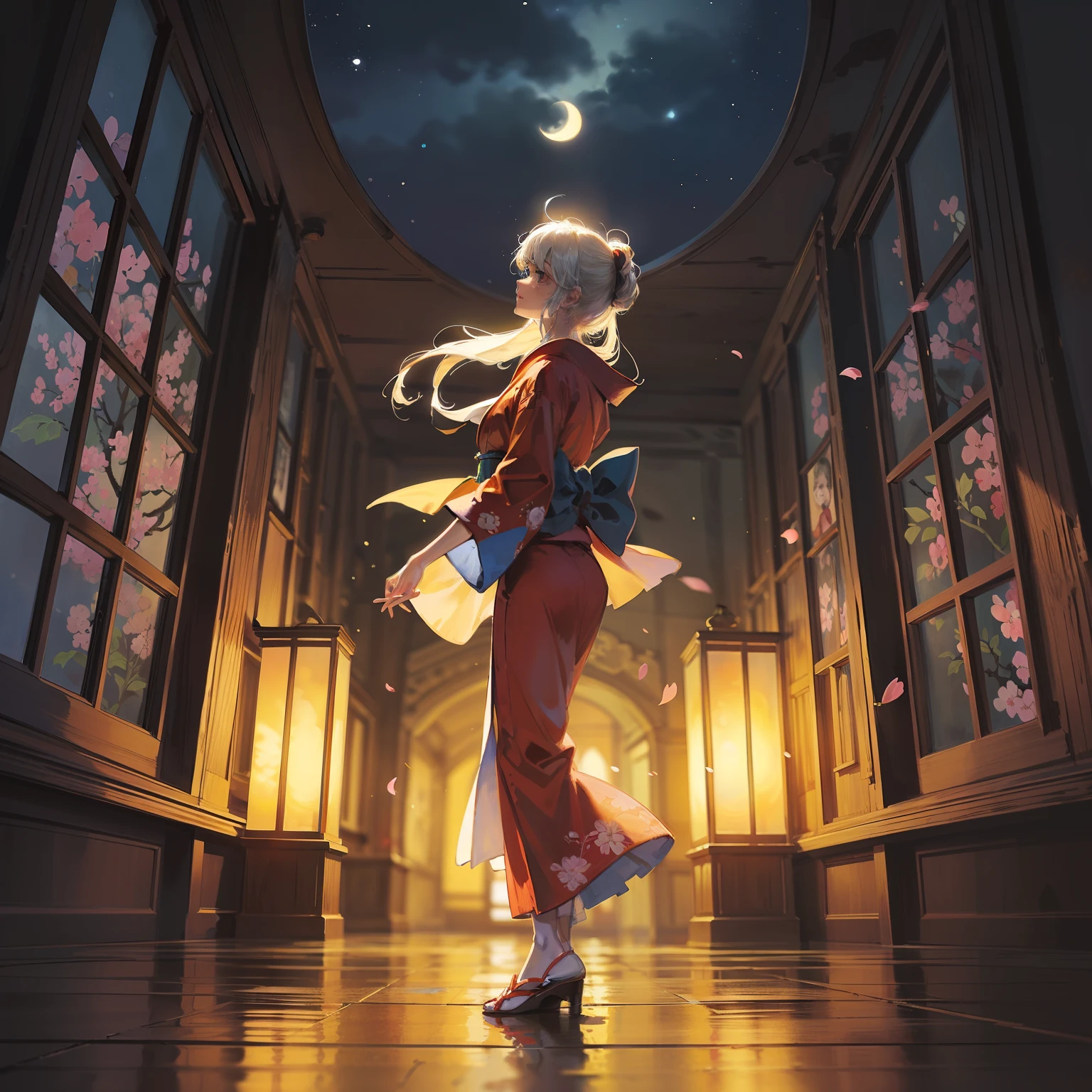 Open landscape , Landscape , Panorama shot , (Looking up, Looking down), Shrine maiden looking up, (Full moon: 1. 2), (Shooting star: 0. 9), (Nebula: 1. 3), Starry sky, Shining lantern, Fantastic cherry blossom tree, Trees, (Warm light source: 1. 2), (Firefly: 1. 2), Lamp 3), Starry sky, Torii gate, (Warm light source: 1. 2), ( (Firefly: 1. 2), Lamp, Orange and Blue Fine Detail, (Masterpiece: 1. 2), (Best Quality), 4k, Ultra Fine Detail, (Dynamic Composite: 1. 2), (Best Quality), Lamp, Orange and Blue Voluminous Lighting Main Fine Detail BREAK ((Masterpiece: 1.2), (Best Quality), 4k, Ultra Fine Detail, (Dynamic Composite: 1.4), Very Fine Detail, Colorful Detail, (Iridescent: 1. 2), (Luminous Lighting, Ambient Lighting), Dream like ( Ambient Lighting), dreamy, fantastic, (Solo: 1.2), sparkling, petals dancing, dancing light, white hair, beautiful hair, long hair, dancing hair, back view, puddle, dynamic pose, priestess outfit, priestess, red kimono