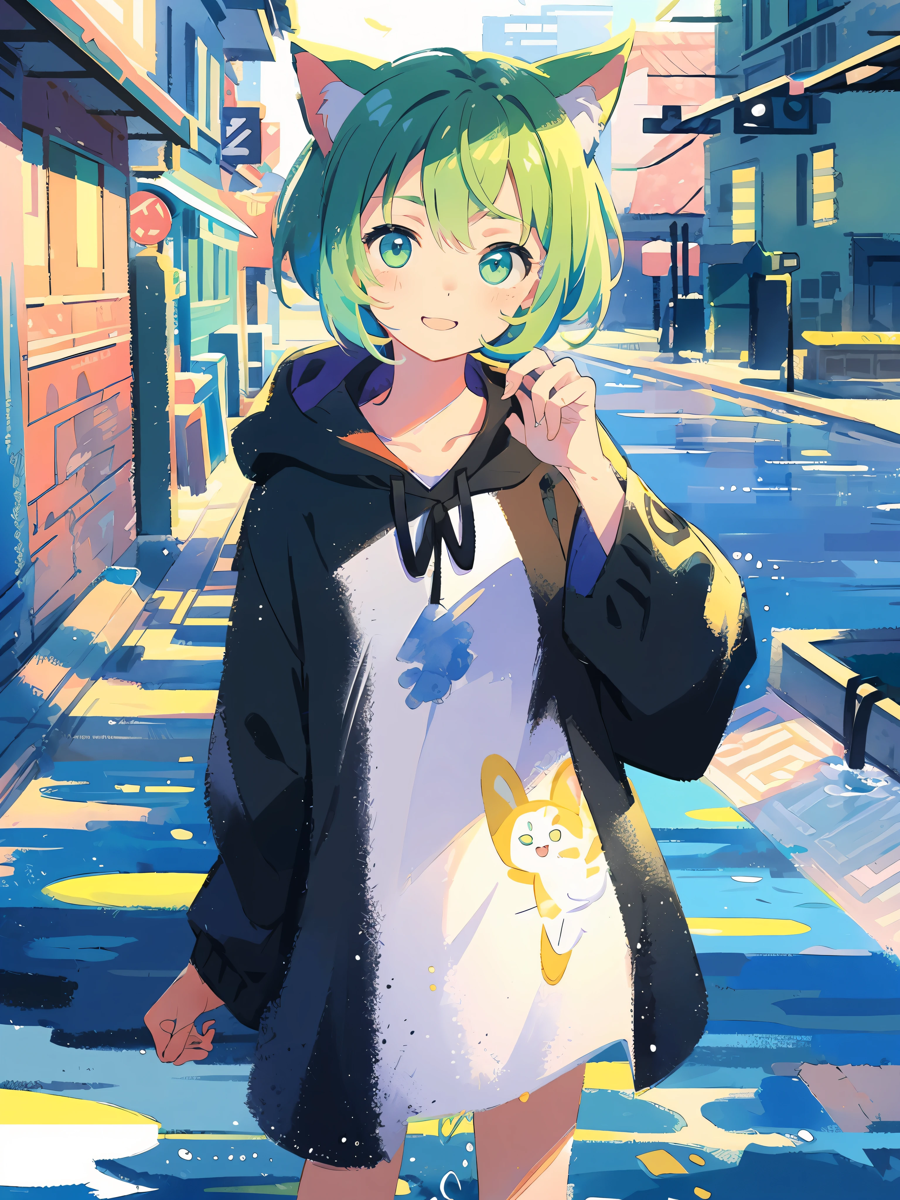 (best qualiy)、(masterwork:1.2)、(colorfully:0.9)、((Ink splashing))、(Color scattering)、(water colors)、Crisp focus、model shot、(((fullbody)))、
(Summer portrait:1.5)、Cute look、cat ear、Elegant green hair、beautyfull detailed face and eyes、Cute clothes、((Urban city background))、TOKYOcty、
colorwater、Urban cityscape