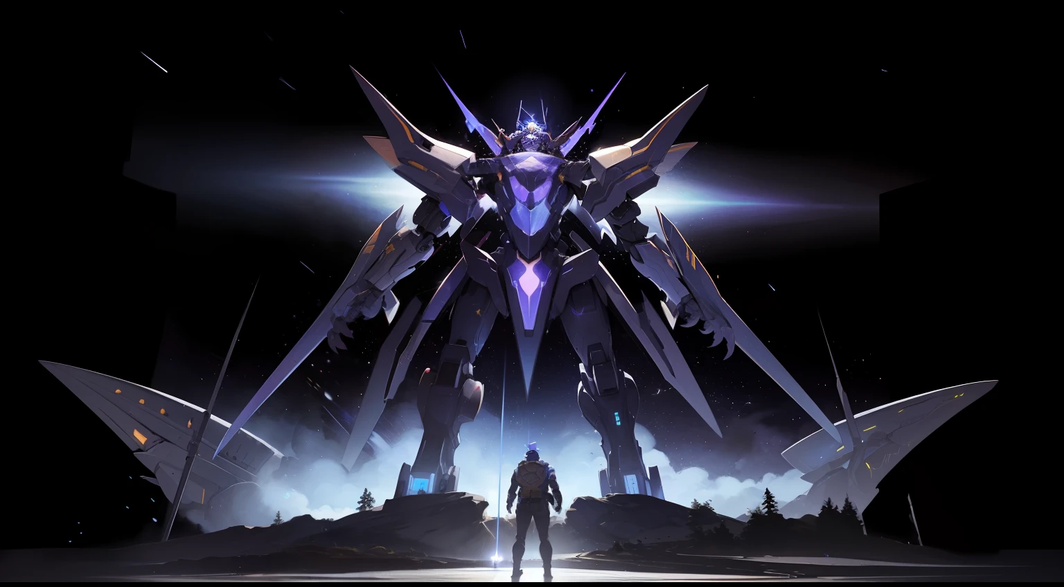 1 mech(Huge mech,Head of a tyrannosaurus(alloy),Mecha chest transparent cabin(Light blue shimmer)),Standing painting(Stand up,symetrical),night sky(Brilliant meteor showers,Purple streamer,cirrocumulus)