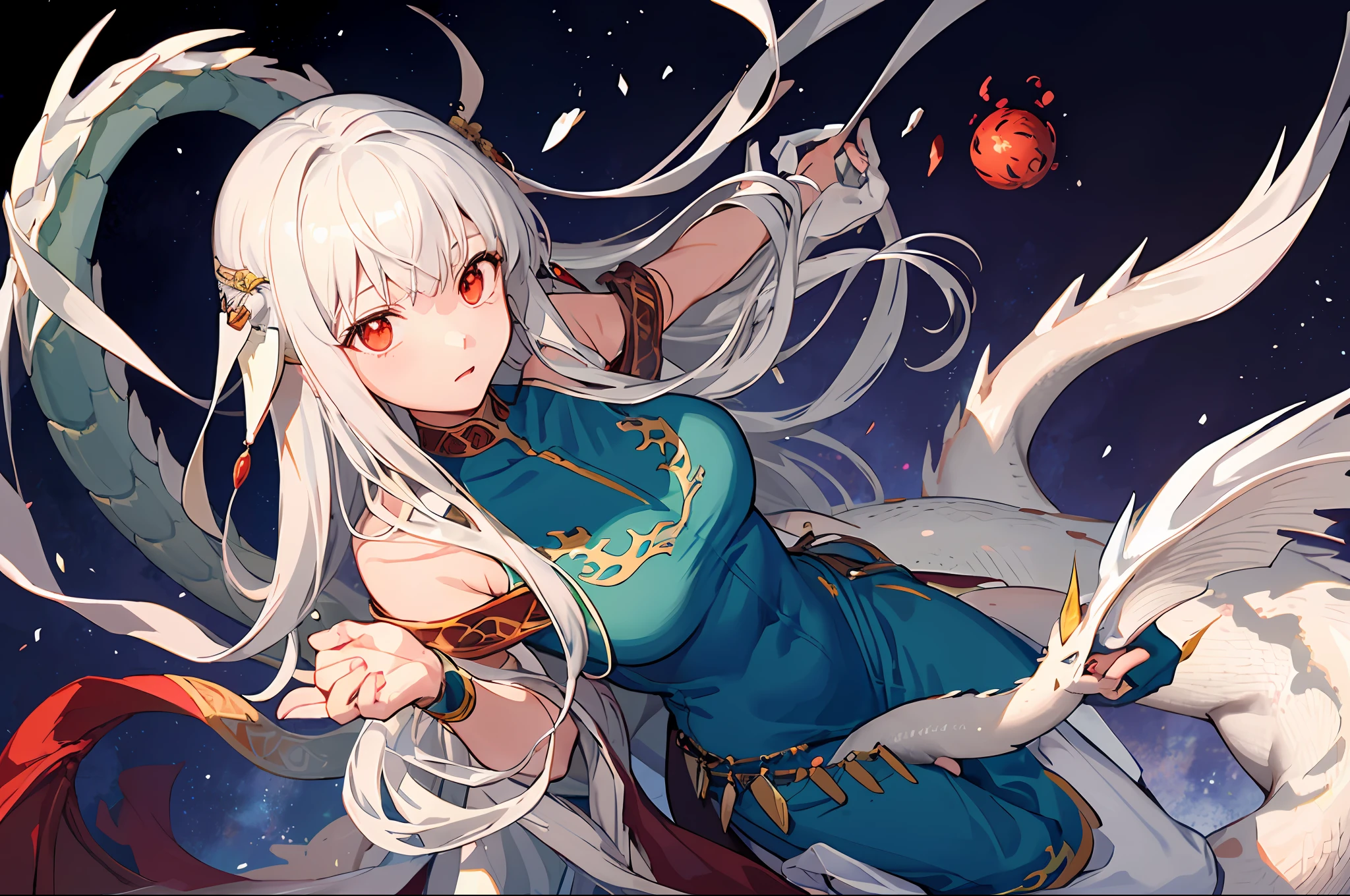 1girl, ninian fe, red eyes, long dress, jewelry, dancer,  from above, foreshortening, shy, hands in front of chest, looking at hands, (1dragon, white dragon, dragon, dragon background:1.2)