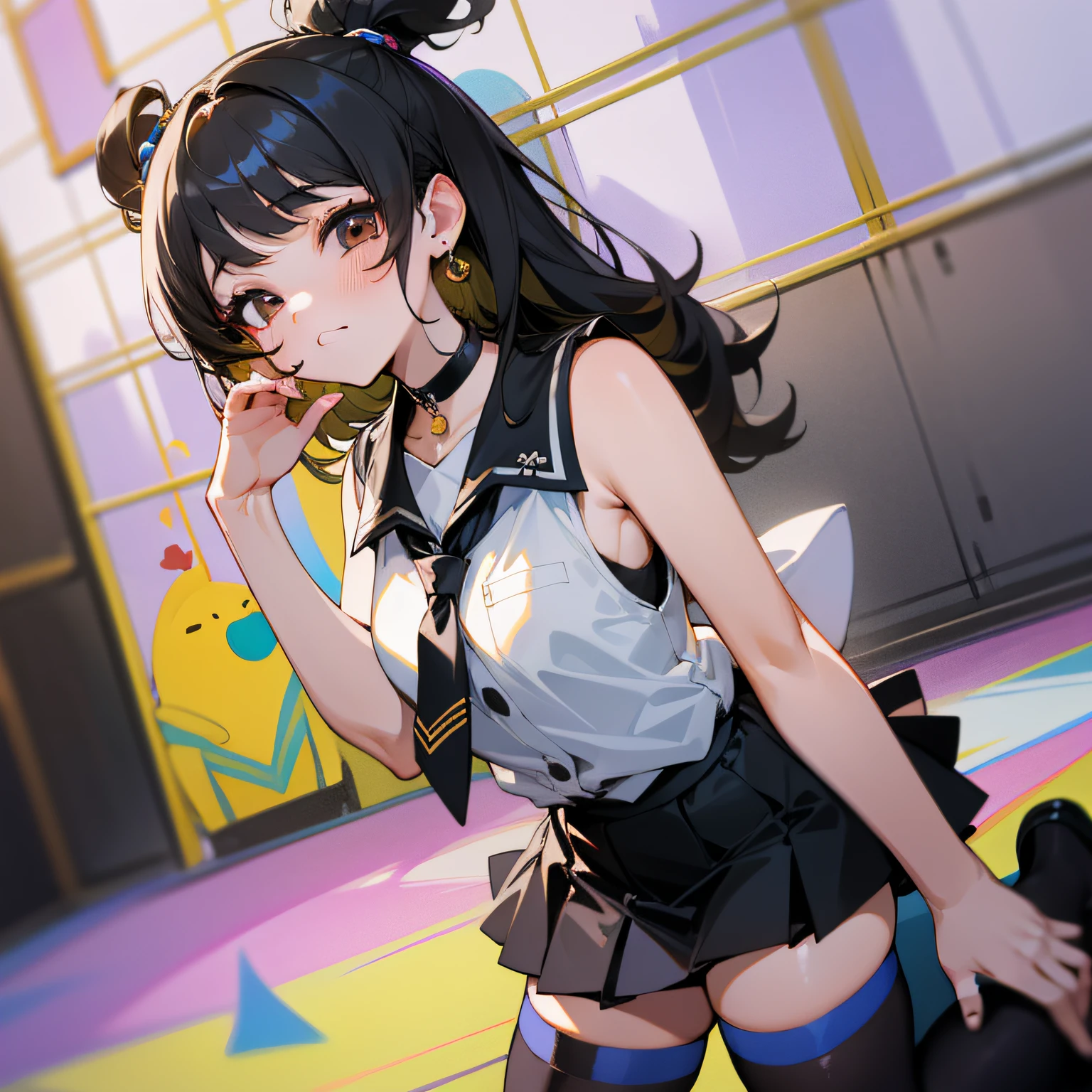 best quality, ultra high res, 1girl, sleeveless white button shirt, black skirt, black choker, cute, (Kpop idol), (aegyo sal:1), (black blonde hair:1), ((puffy eyes)), looking at viewer, full body, facing front, black lence stockings