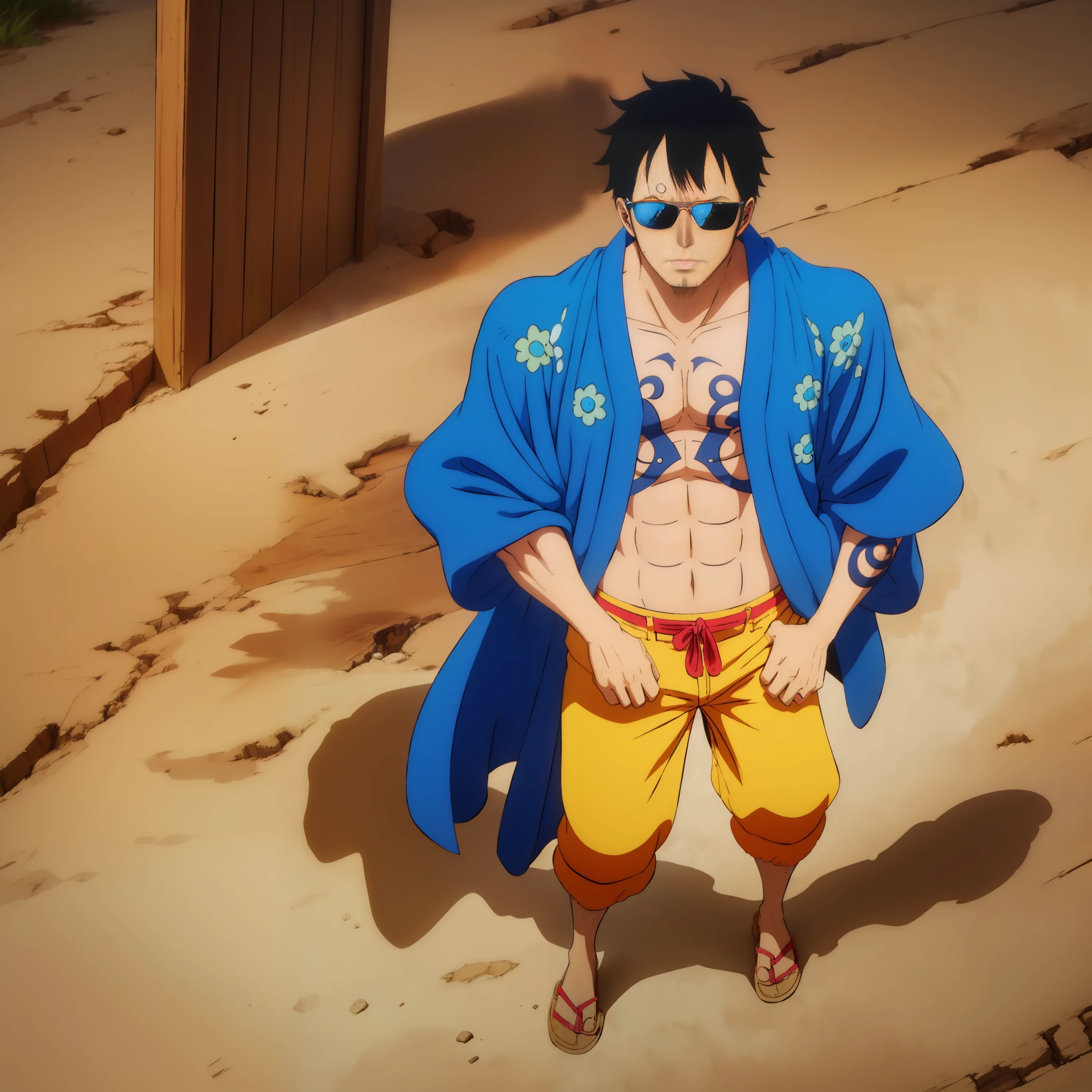 A man with black hair, short and curly - has a brown skin and a strong and defined body, he is tall. He wears sunglasses with a "tattoo" of some strange scriptures under his right eye. He wears an unbuttoned shirt and a pair of hakama pants and a wooden slipper. Anime 80s. One Piece