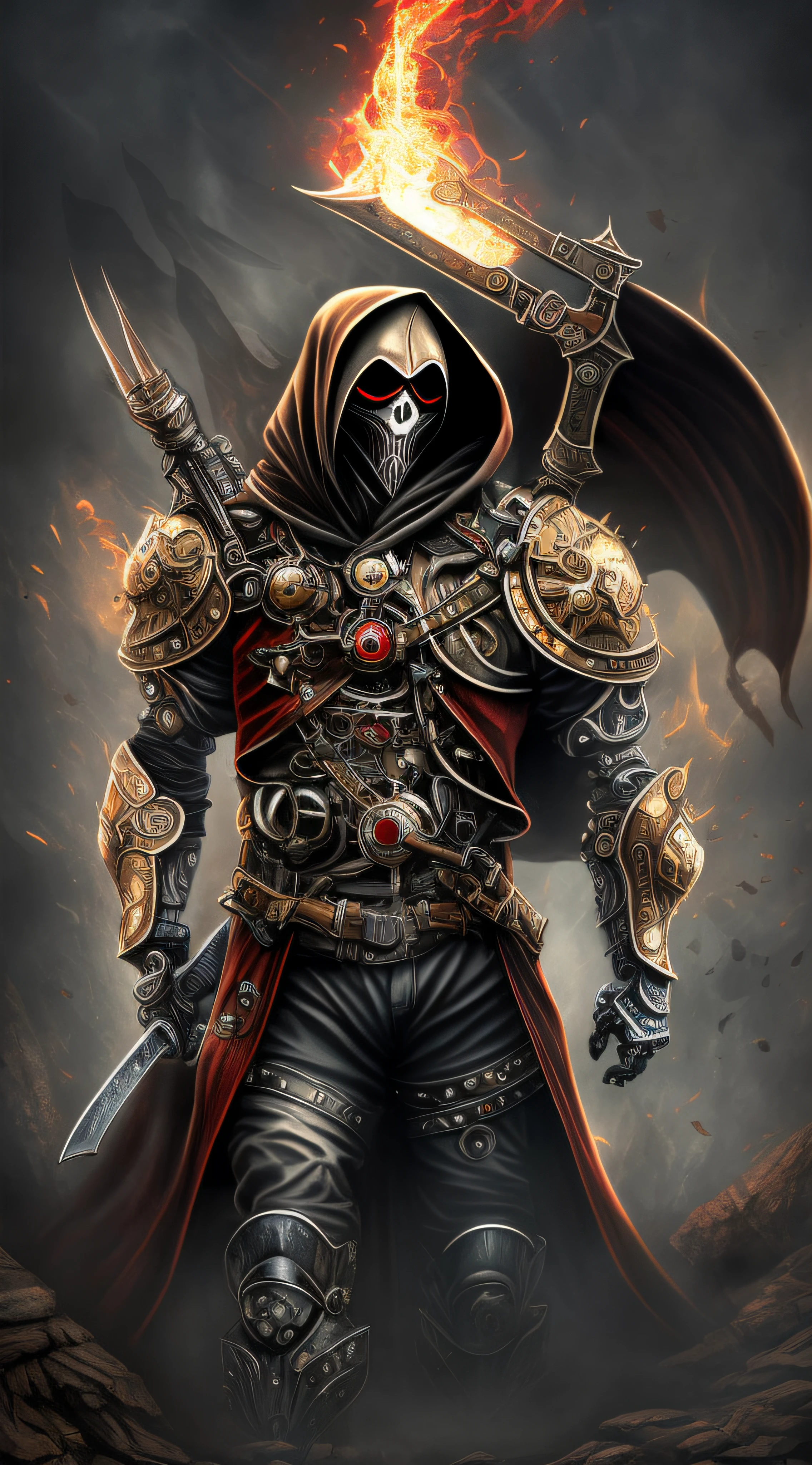 dark fantasy, steampunk, 1man Steel Miracle, Cybernetic Reaper, Mechanical armor, Scythe in hand, absolutely stunning art, wearing a black cloak, highest quality art, highest resolution, hyper detailed, black and red, fine details, Gears, Red Hood, (pipes), steam.