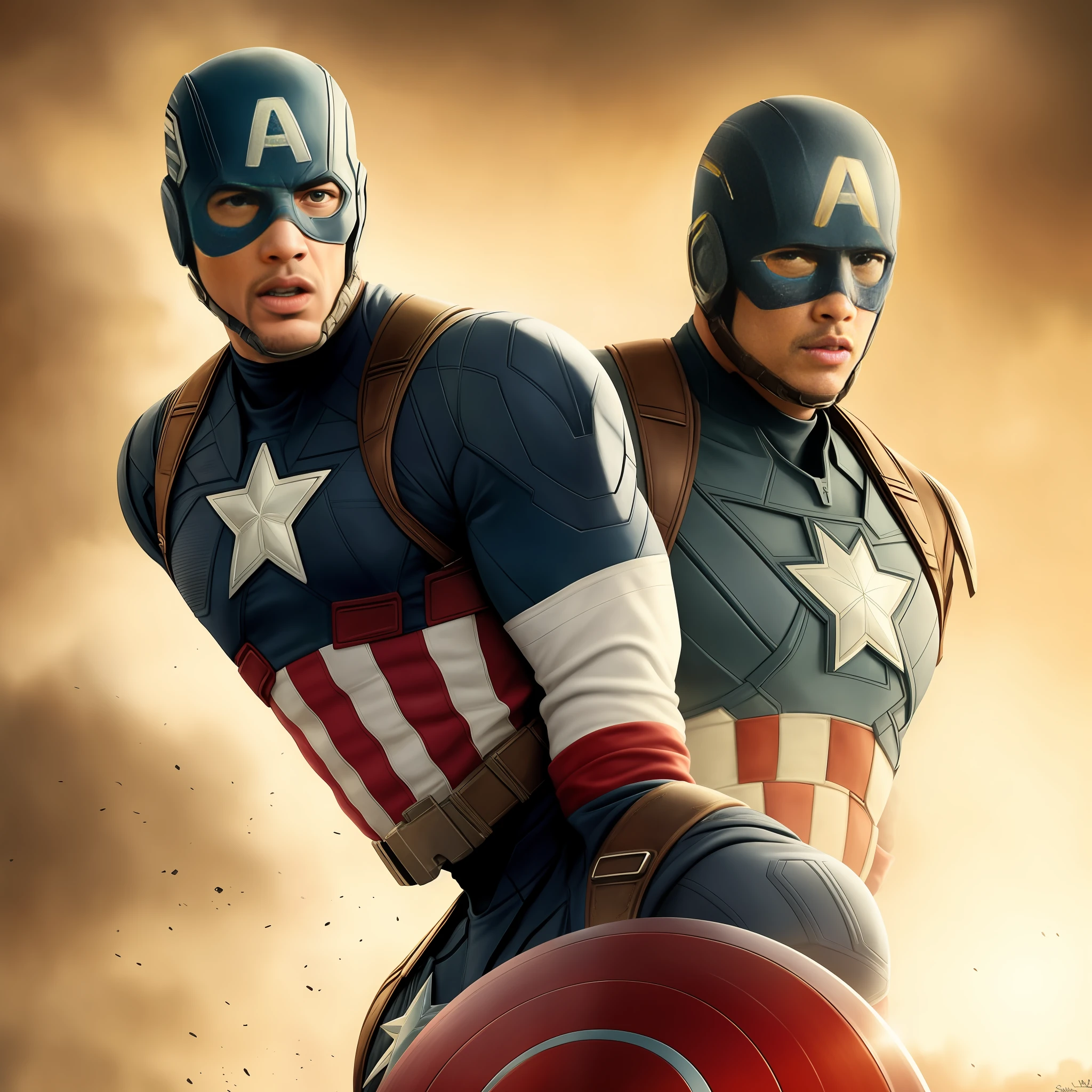 Tarantino style, Will Smith as Captain America 8k, high definition, detailed face, detailed face, detailed eyes, detailed suit, in style of marvel and dc, hyper-realistic, + cinematic shot + dynamic composition, incredibly detailed, sharpen, details + superb details + evening with light + perfectionism + award winning realism ((moody lighting)),(upper body)