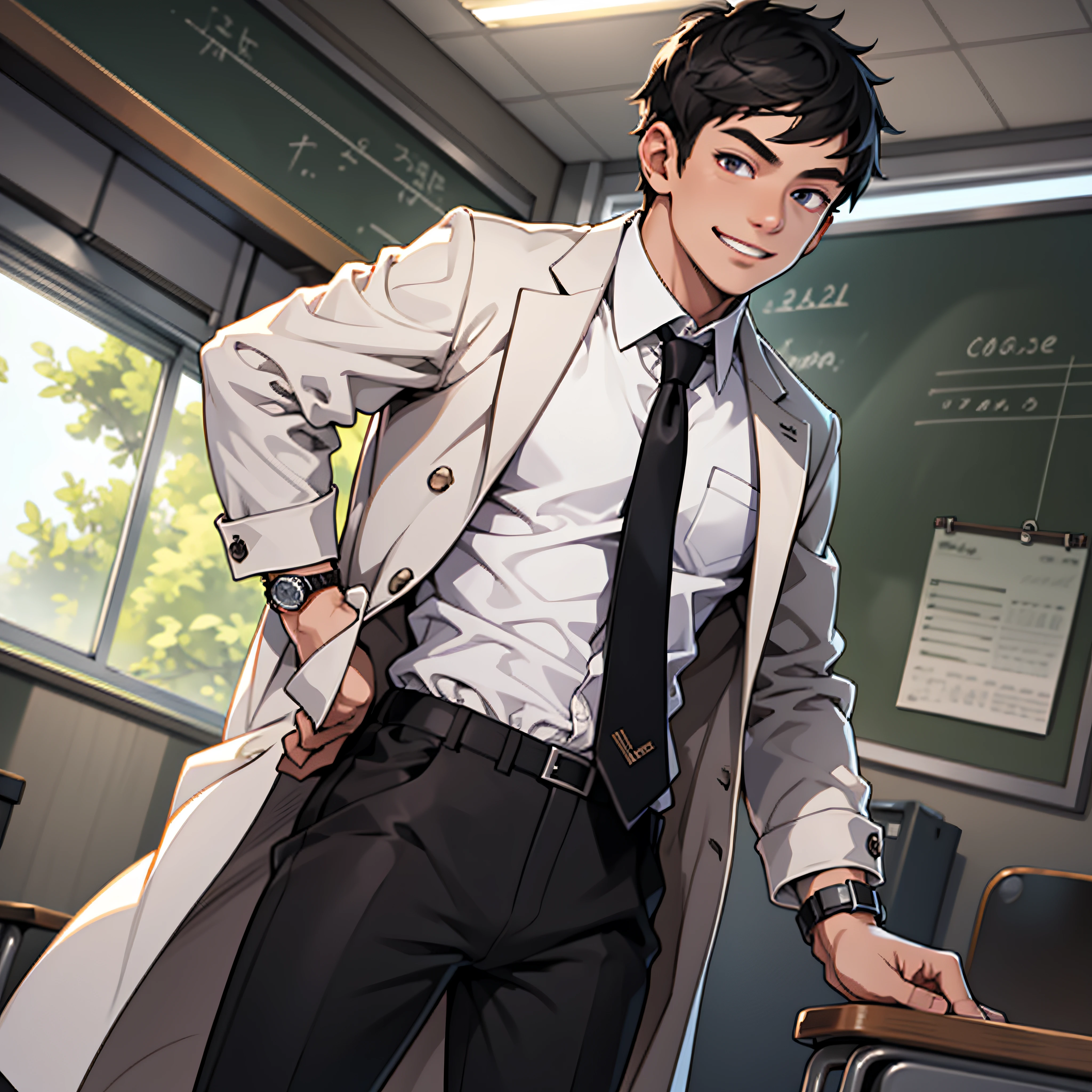 Boy, athelic body, detailed eyes, white long sleeve shirt, coat, long black pants, tie, watch, white socks, in classroom, bulge, smile, male focus, CG sense, --auto --s2