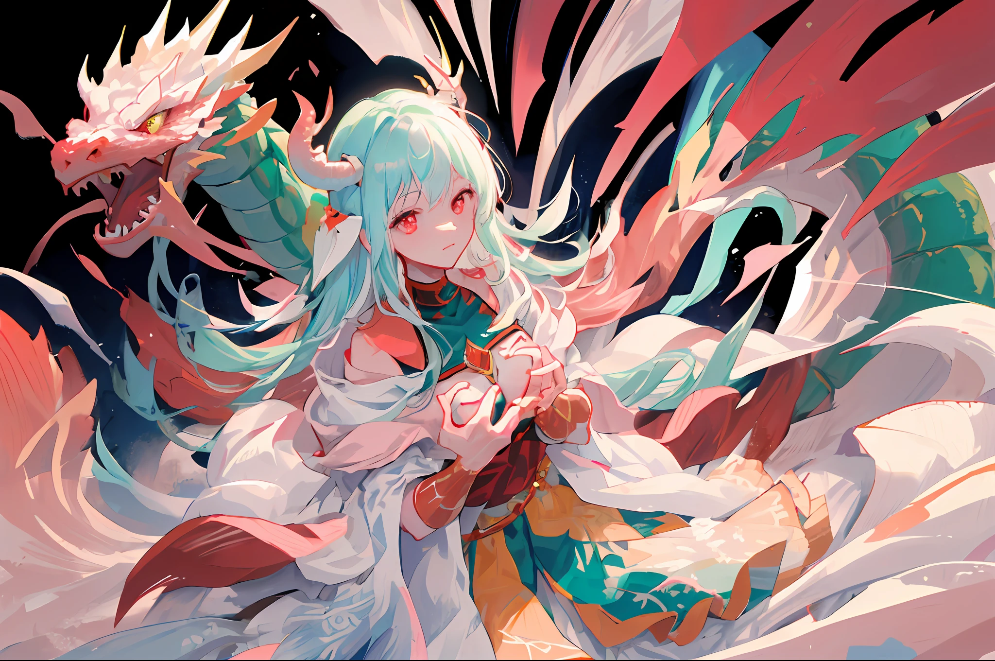 pink, white, 1girl, ninian fe, red eyes, long dress, jewelry, dancer, from above, foreshortening, shy, hands in front of chest, looking at hands, (1dragon, white dragon, dragon, dragon background:1.2)