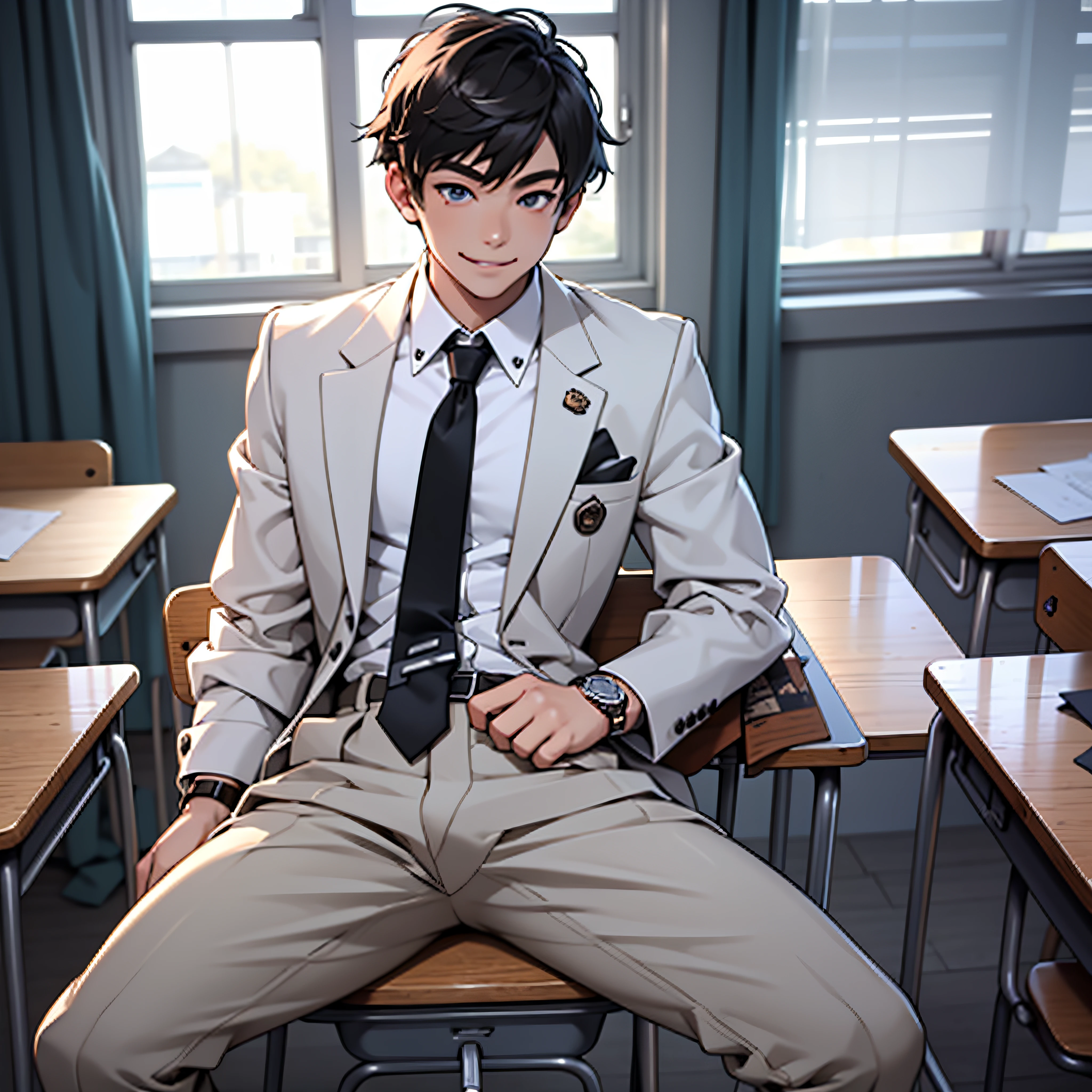 Boy, athelic body, detailed eyes, white long sleeve shirt, coat, long black pants, tie, watch, white socks, in classroom, bulge, smile, male focus, CG sense, --auto --s2