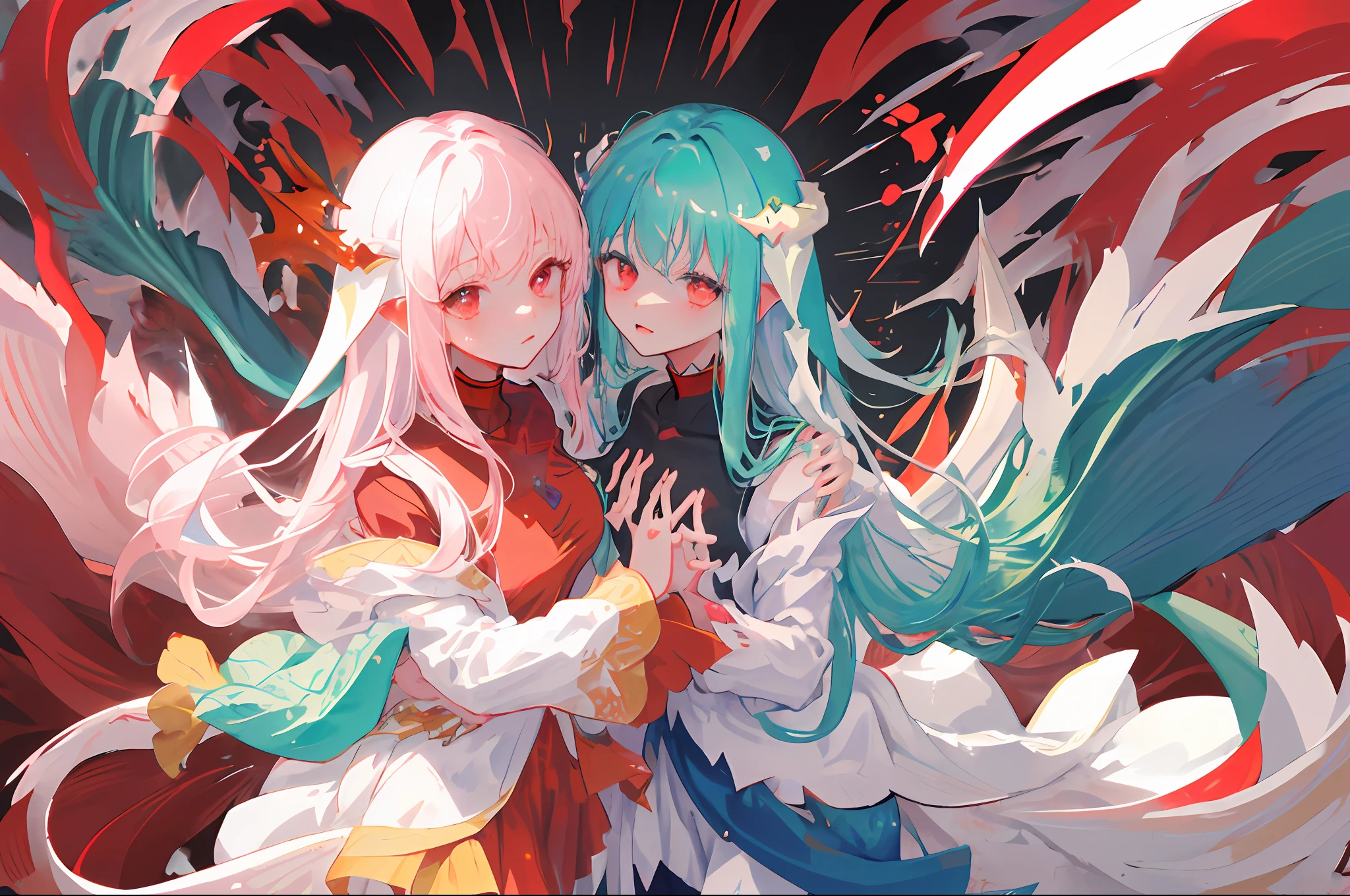 pink, white, 1girl, ninian fe, red eyes, long dress, jewelry, dancer, from above, foreshortening, shy, hands in front of chest, looking at hands, (1dragon, white dragon, dragon, dragon background:1.2)