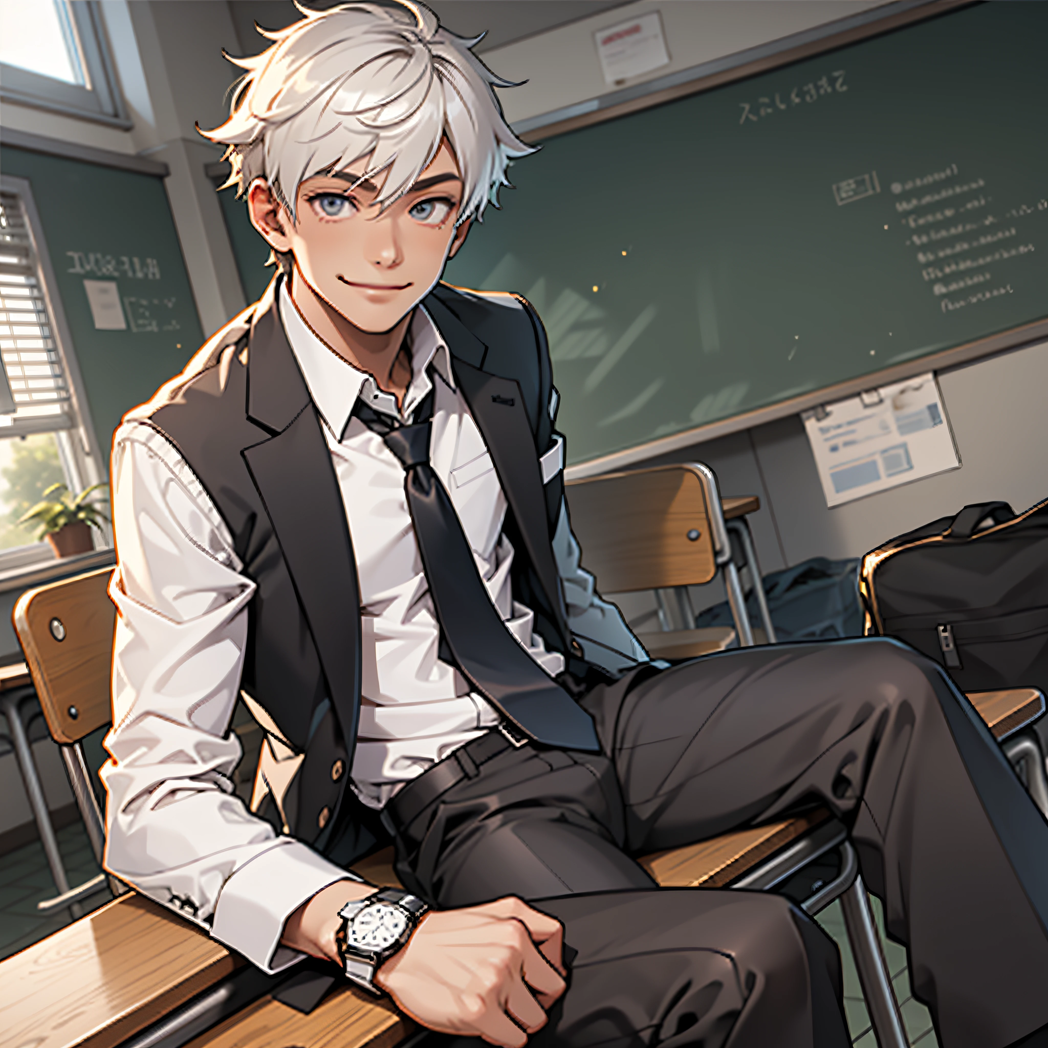 Boy, athelic body, detailed eyes, white long sleeve shirt, coat, long black pants, tie, watch, white socks, in classroom, bulge, smile, male focus, CG sense, --auto --s2