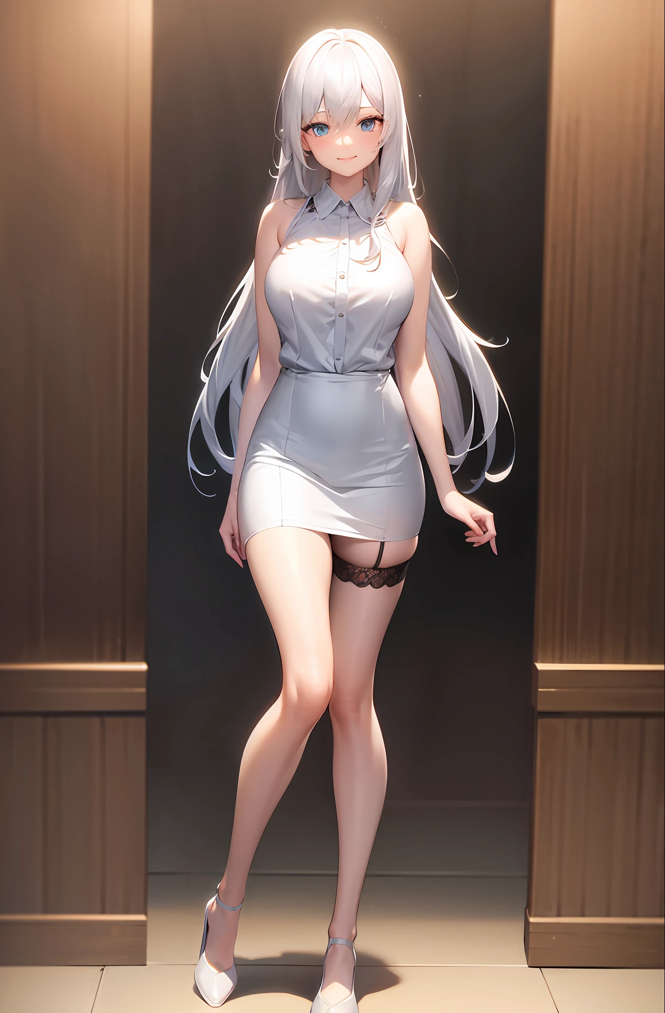 masterpiece, (highres:1.2), (ultra-detailed:1.3), (oil painting:0.8), (extremely detailed CG unity 8k wallpaper:1.1), full body, solo, 1girl, looking at viewer, legs open, Elaina, solo, highres, long hair, looking at viewer, blue eyes, smile, extra large breasts, very long hair, legs, dress long white, thigh stocking, bare shoulders,thigh stocking, blouse, indoors, shirt, sleeveless, sleeveless shirt, thighs, white hair, white shirt, Cantik, perhatian, imut, mencintaiku dengan sepenuh hati nya, Setia, Senyum manis padaku