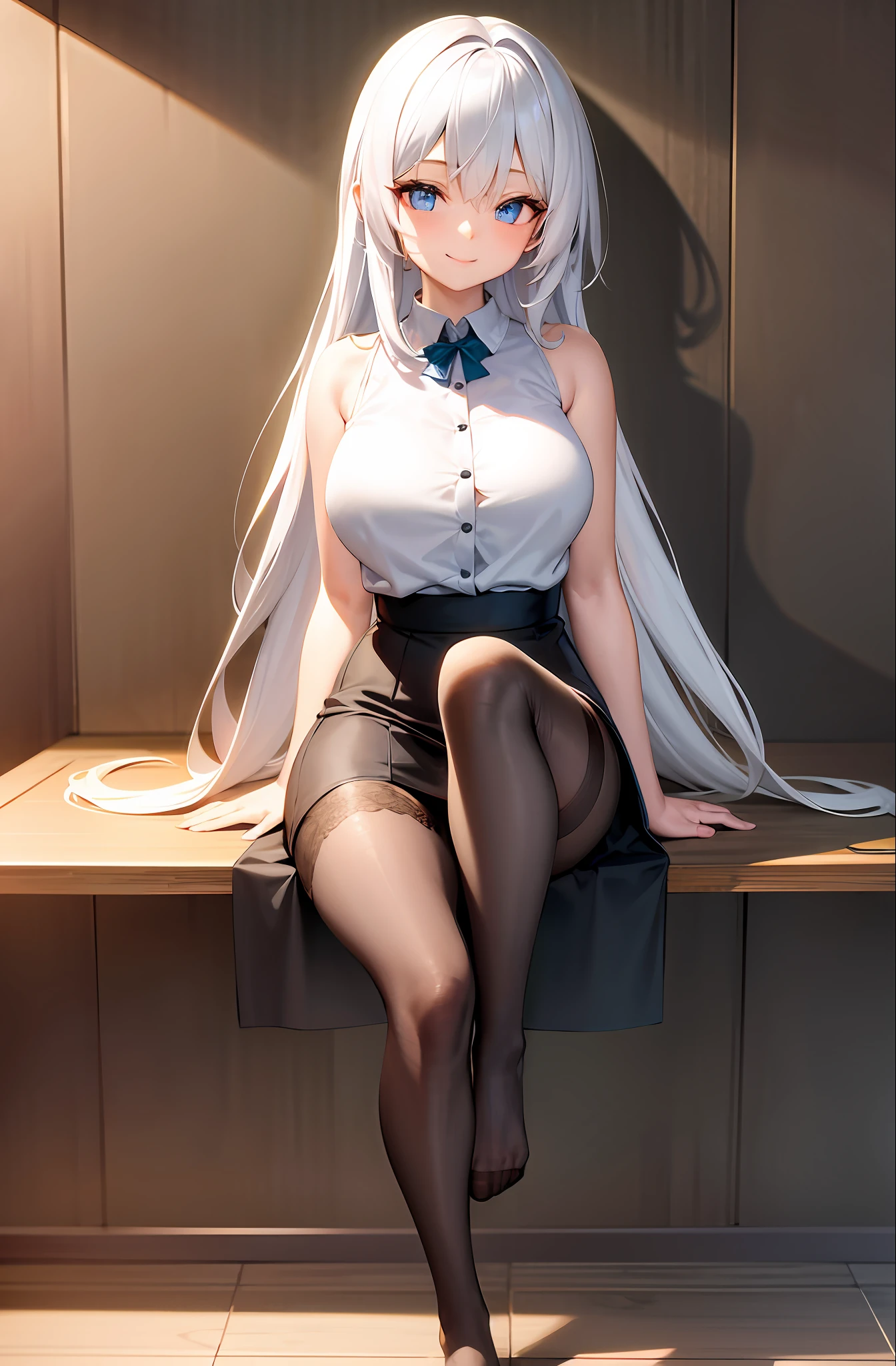 masterpiece, (highres:1.2), (ultra-detailed:1.3), (oil painting:0.8), (extremely detailed CG unity 8k wallpaper:1.1), full body, solo, 1girl, looking at viewer, legs open, Elaina, solo, highres, long hair, looking at viewer, blue eyes, smile, extra large breasts, very long hair, legs, dress long white, thigh stocking, bare shoulders,thigh stocking, blouse, indoors, shirt, sleeveless, sleeveless shirt, thighs, white hair, white shirt, Cantik, perhatian, imut, mencintaiku dengan sepenuh hati nya, Setia, Senyum manis padaku