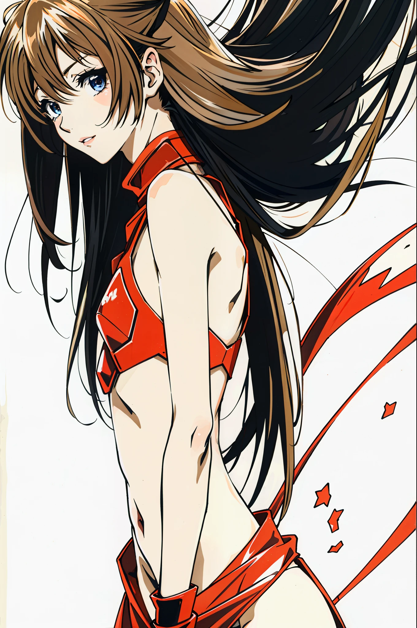 foto retrato de cuerpo entero, beautiful anorexic Asuka Langley, muy flaca en bikini, huesos y costillas visibles, Small flat breasts, very small waist, piernas delgadas, rostro hermoso, vista de perfil de Asuka Langley muy muy flaca, fondo blanco.