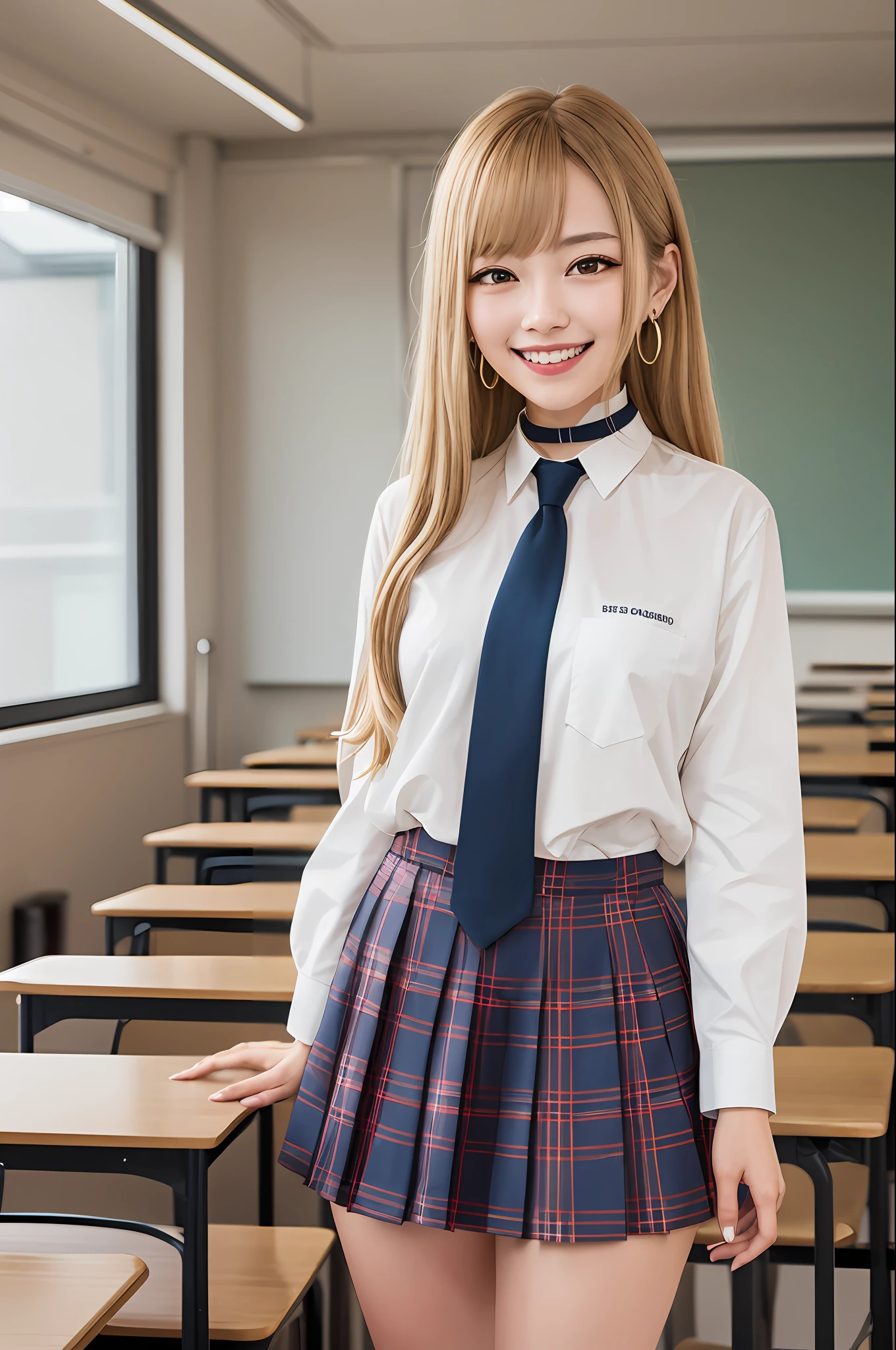 masterpiece, best quality, highres, kitagawa marin, 1girl, blonde hair, long hair, multicolored hair, red eyes, jewelry, earrings, piercing, school uniform, white shirt, tied shirt, black choker, blue necktie, plaid skirt, grin, smile, standing, cowboy shot, classroom,