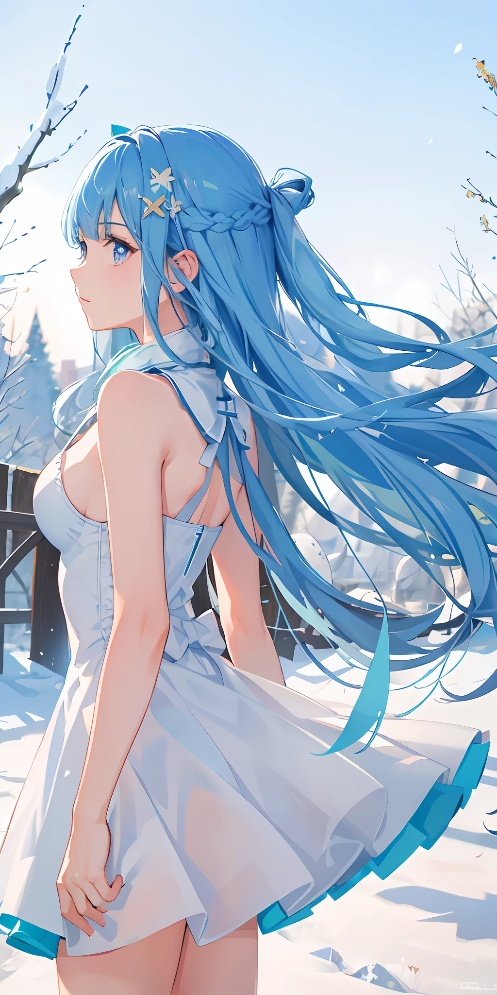 Garota, cabelo longo, cabelo azul, de headset, in a room with panoramic views, (estilo anime)