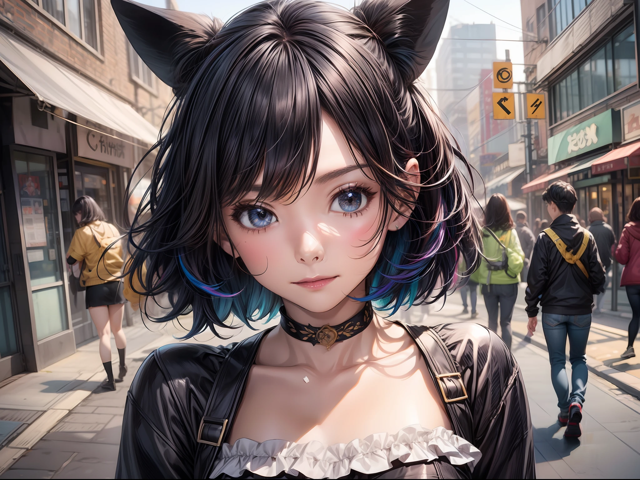 (masterwork)、Ultra-detail、in 8K、Reference sketch of a beautiful gal girl in a Pikachu costume、She has short hair and、Black hair、The inner color of the hair is colorful、Ultra-realistic and sharp details、Intricate and intricate details、Illustration of handing out tissues on the street in the city