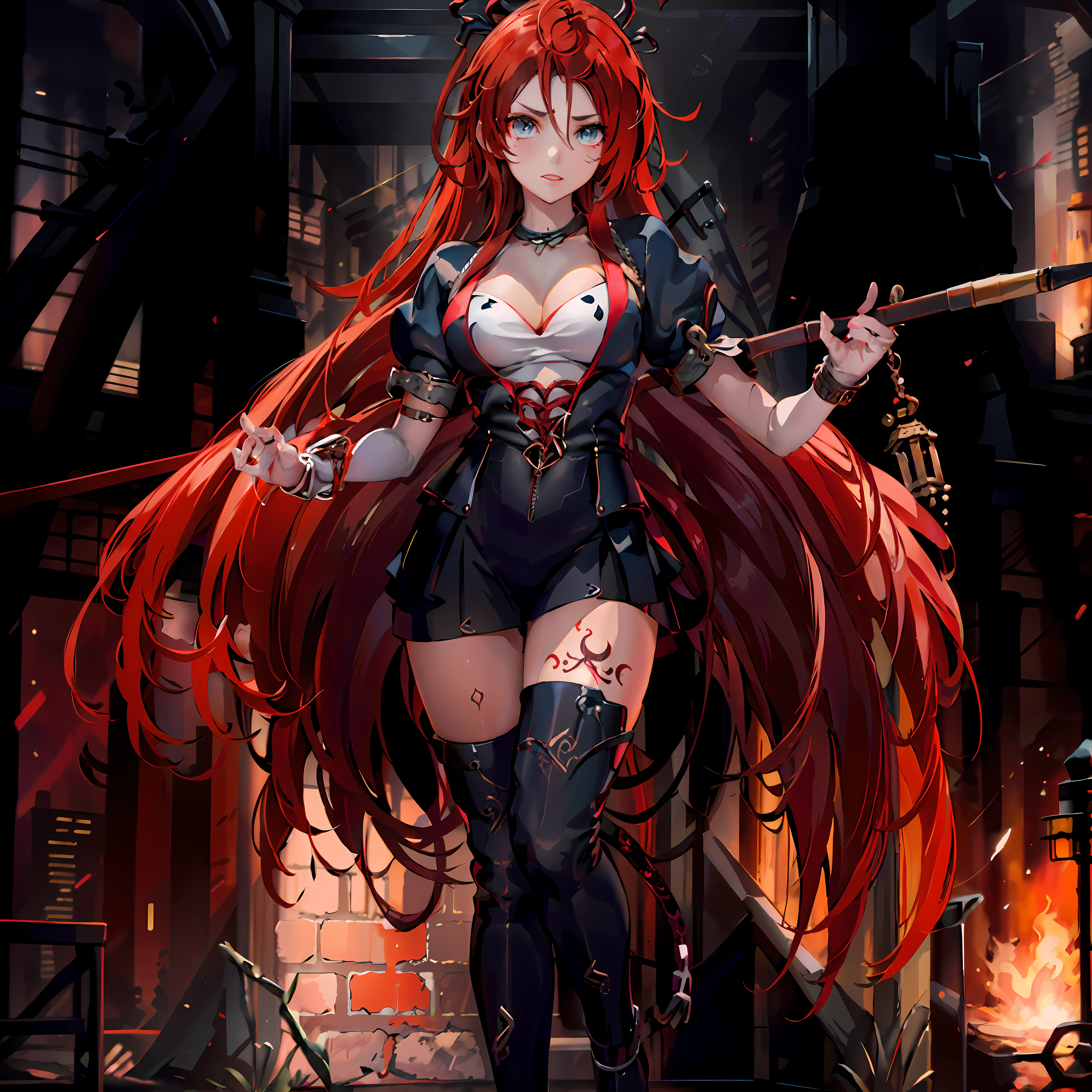 garota de anime, com tatuagens, com oculos vermelho, com cabelo vermelho e meias pretas segurando um poste, Rias Gremory, DXD High School, anime demon, Succubus em vestido curto apertado, pele branca clara, fundo de masmorra, Correct the dashes, Detail the strokes, deixar os seios bonito, Correct the symbol of the white blouse, Anime 3D, corrigir dedos, corrigir os olhos, decote na blusa, peitos grandes detalhados junto a tatuagem.