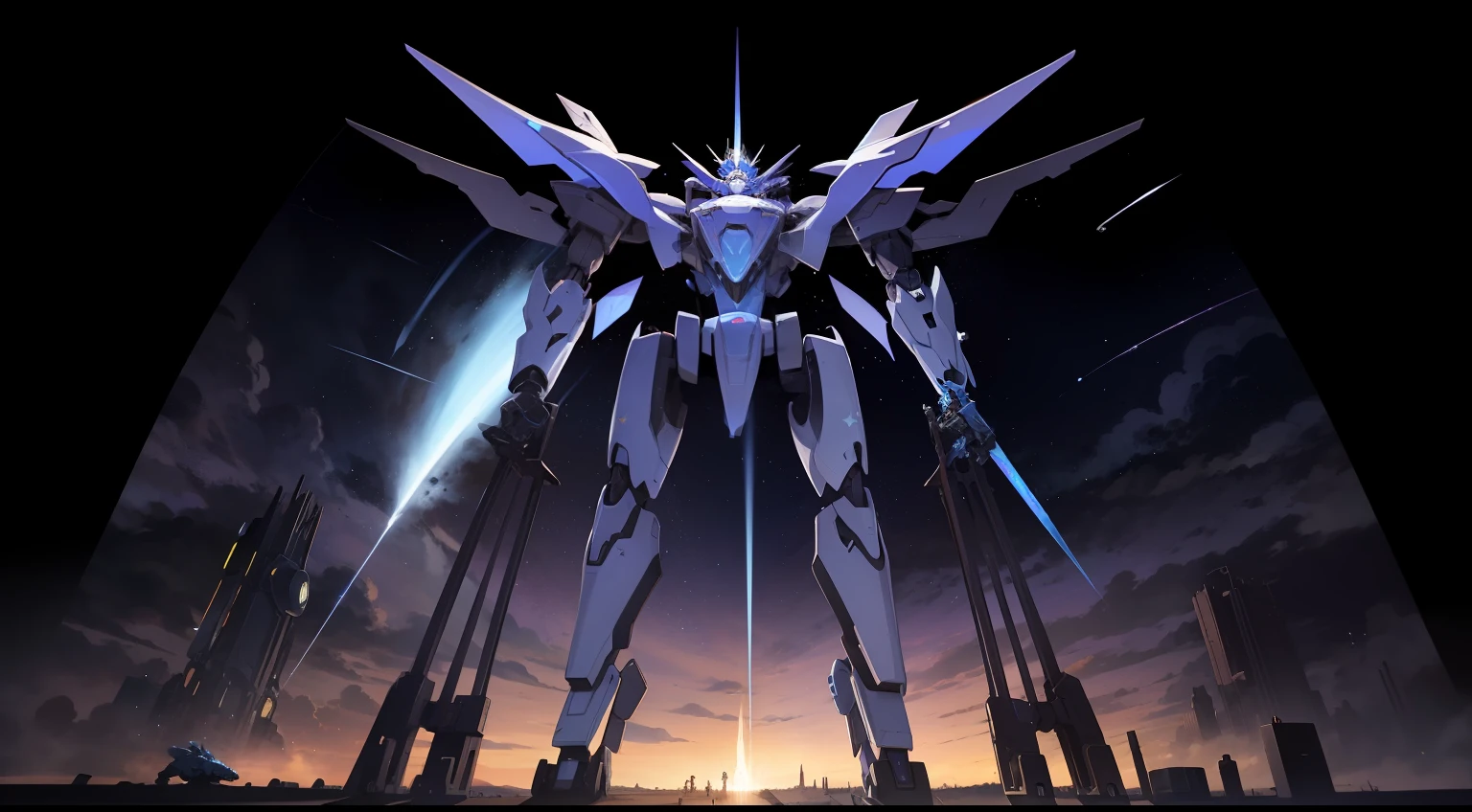 1 mech(Huge mech,Head of a tyrannosaurus(alloy),Mecha chest transparent cabin(Light blue shimmer)),Standing painting(Stand up,symetrical),night sky(Brilliant meteor showers,Purple streamer,cirrocumulus)