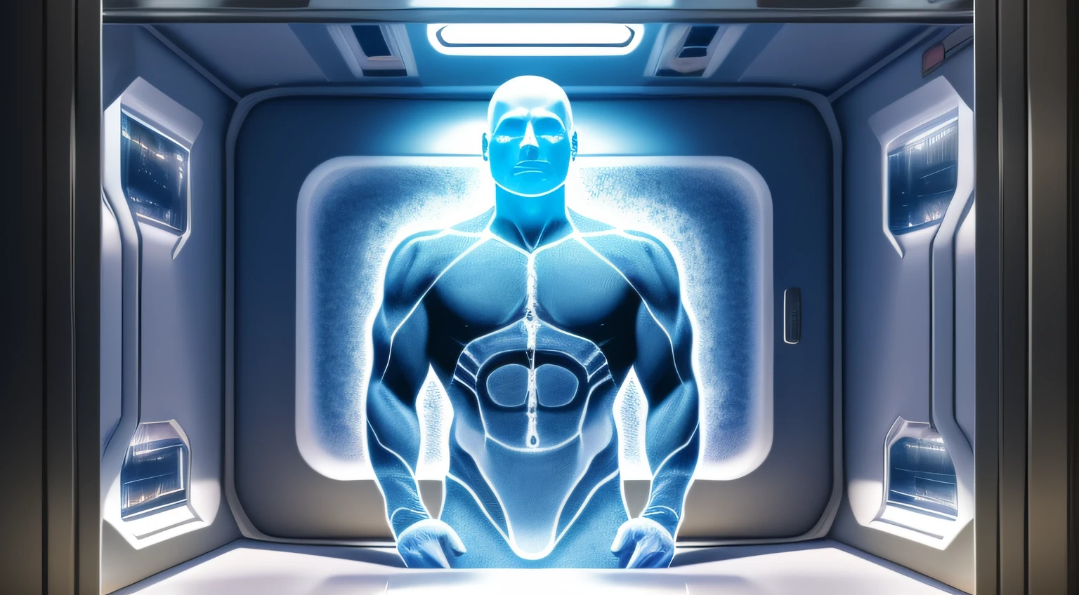 Transport yourself to a futuristic laboratory in the year 2122, where a cryogenic chamber holds the preserved body of a man frozen for a century. As the technology finally allows for his revival, the image should capture the pivotal moment of his awakening. Show the man inside the transparent chamber, his eyes closed in deep slumber. Surround the scene with advanced machinery, glowing lights, and a sense of anticipation for his reentry into a world unimaginably changed. The man is bald and has his eyes closed. He is standing up.