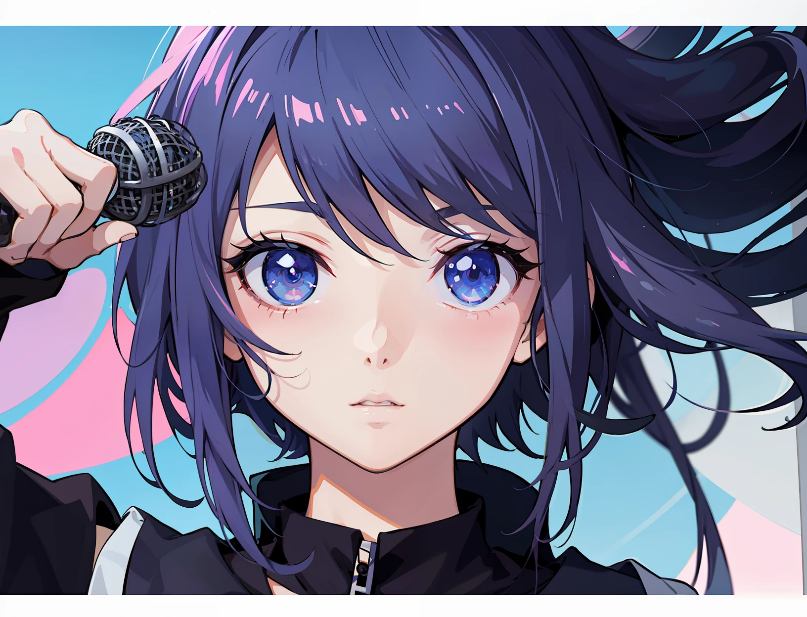 Anime girl with black long hair and microphone on pink and blue background, anime style 4 k, anime moe art style, Anime Style. 8K, anime style portrait, beautiful anime art style, Anime Art Style, Detailed Digital Anime Art, 2 d anime style, high quality anime artstyle, nightcore, Anime art wallpaper 8k, Anime Art Style