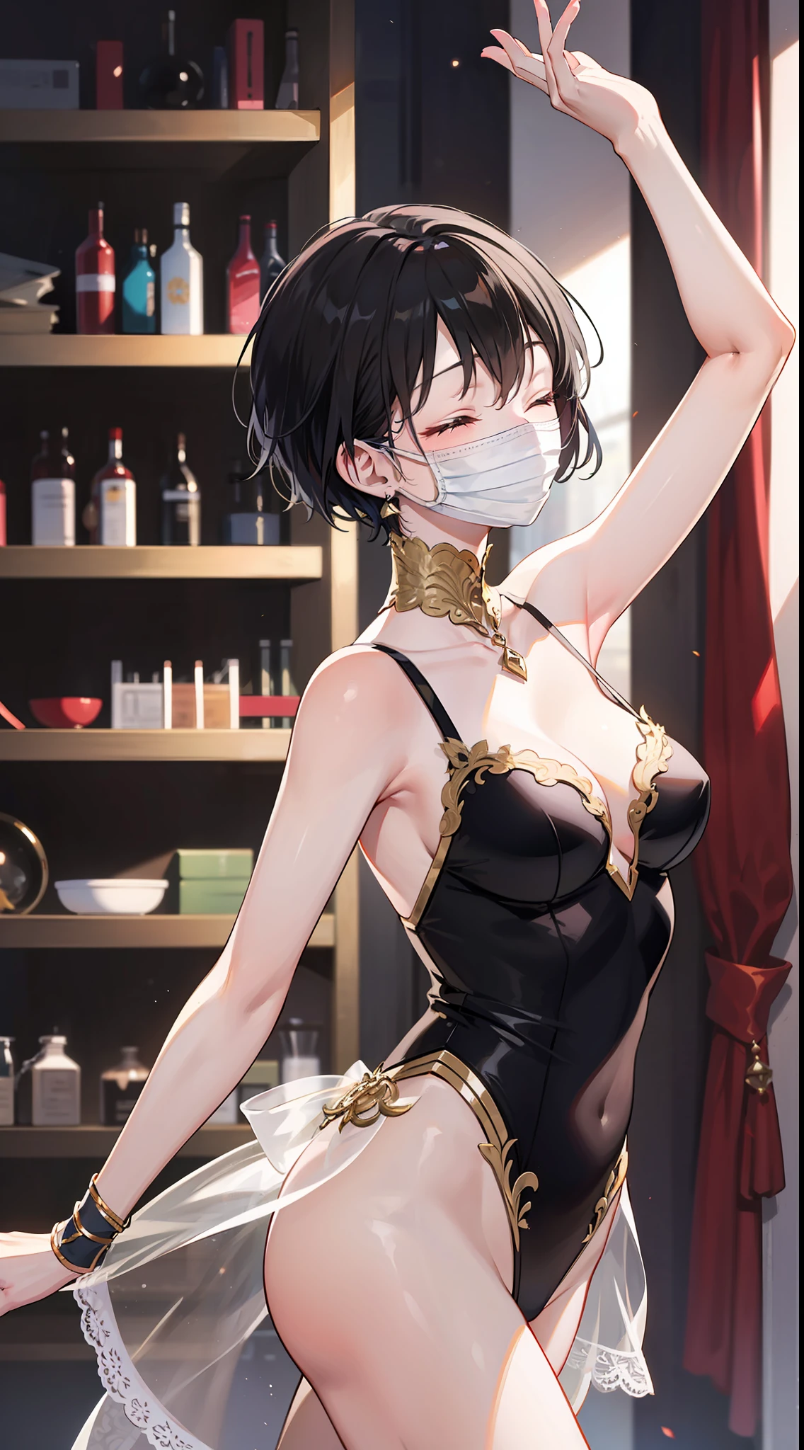 Adult female, short black hair, closed eyes, Theatrical mask, Rich ballerina clothes, ballet dance, Masterpiece, HighQuality