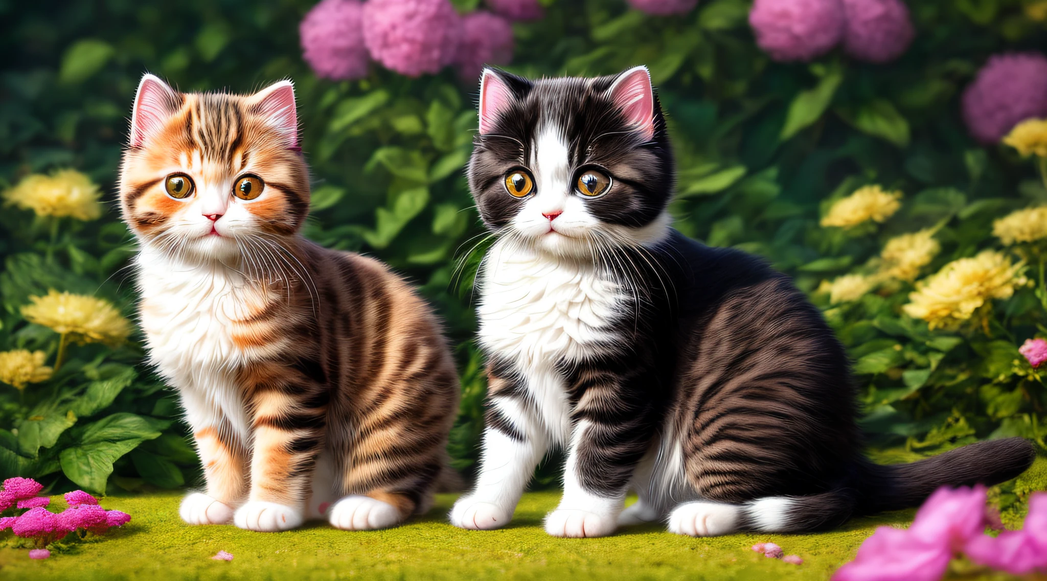 a kitty, (cute), (kawaii), trippy, 8k, ultra details, surreal photography, paws, ((adorable)), lovely, HD, full body, garden flower background, fluffy, ((photo realistic)), nikon d850, rich color, kodak portra 400 camera, naive pose, (Scottish fold breed), super cute, looking at viewer, ((realistic))