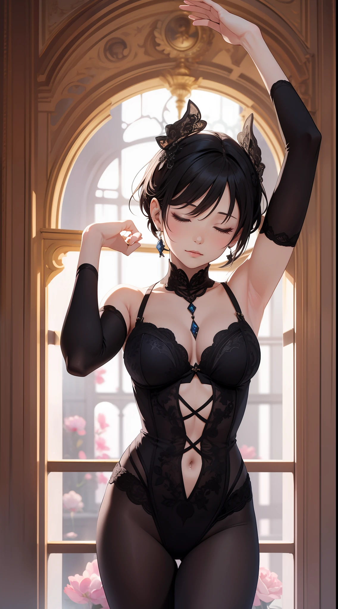 Adult female, short black hair, closed eyes, Theatrical mask, Rich ballerina clothes, ballet dance, Masterpiece, HighQuality