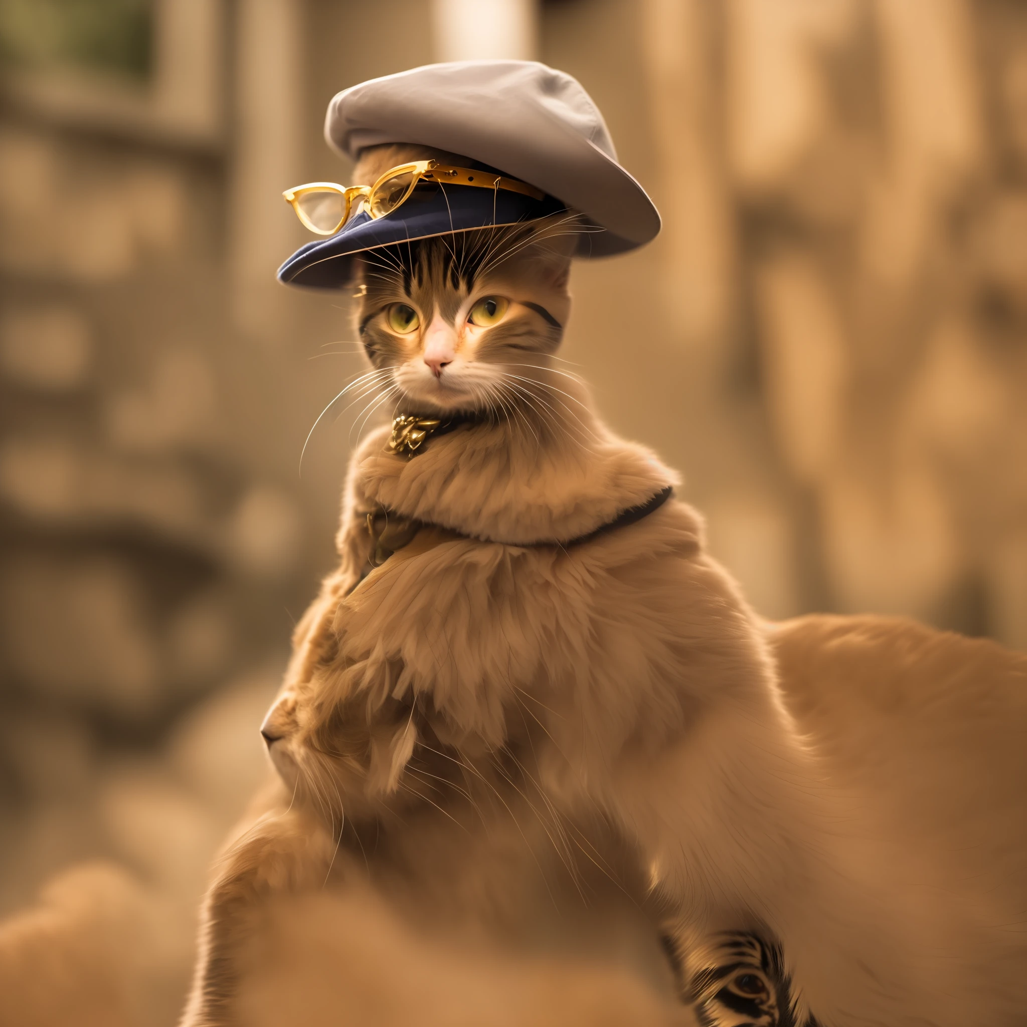 A female cat looks like a leader, a hat in her had, stand by a team of solder