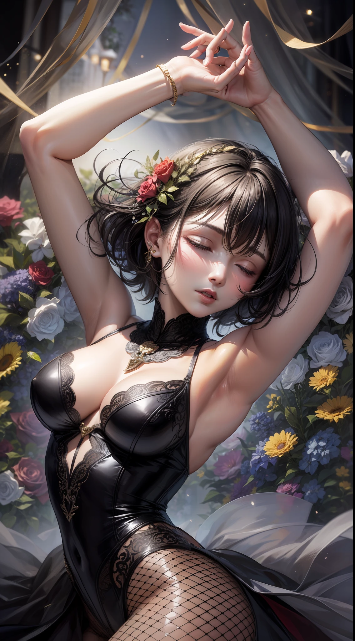 Adult female, short black hair, closed eyes, Theatrical mask, Rich ballerina clothes, ballet dance, Masterpiece, HighQuality
