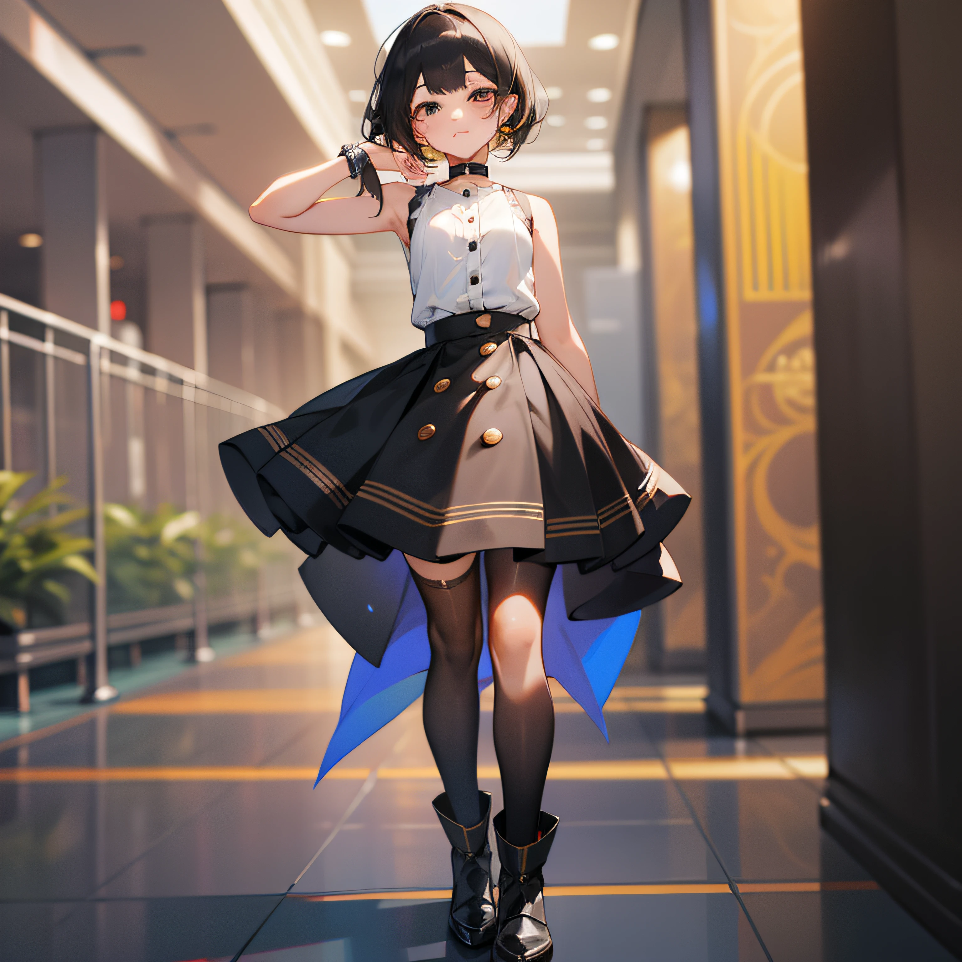 best quality, ultra high res, 1girl, sleeveless white button shirt, black skirt, black choker, cute, (Kpop idol), (aegyo sal:1), (black blonde hair:1), ((puffy eyes)), looking at viewer, full body, facing front, black lence stockings