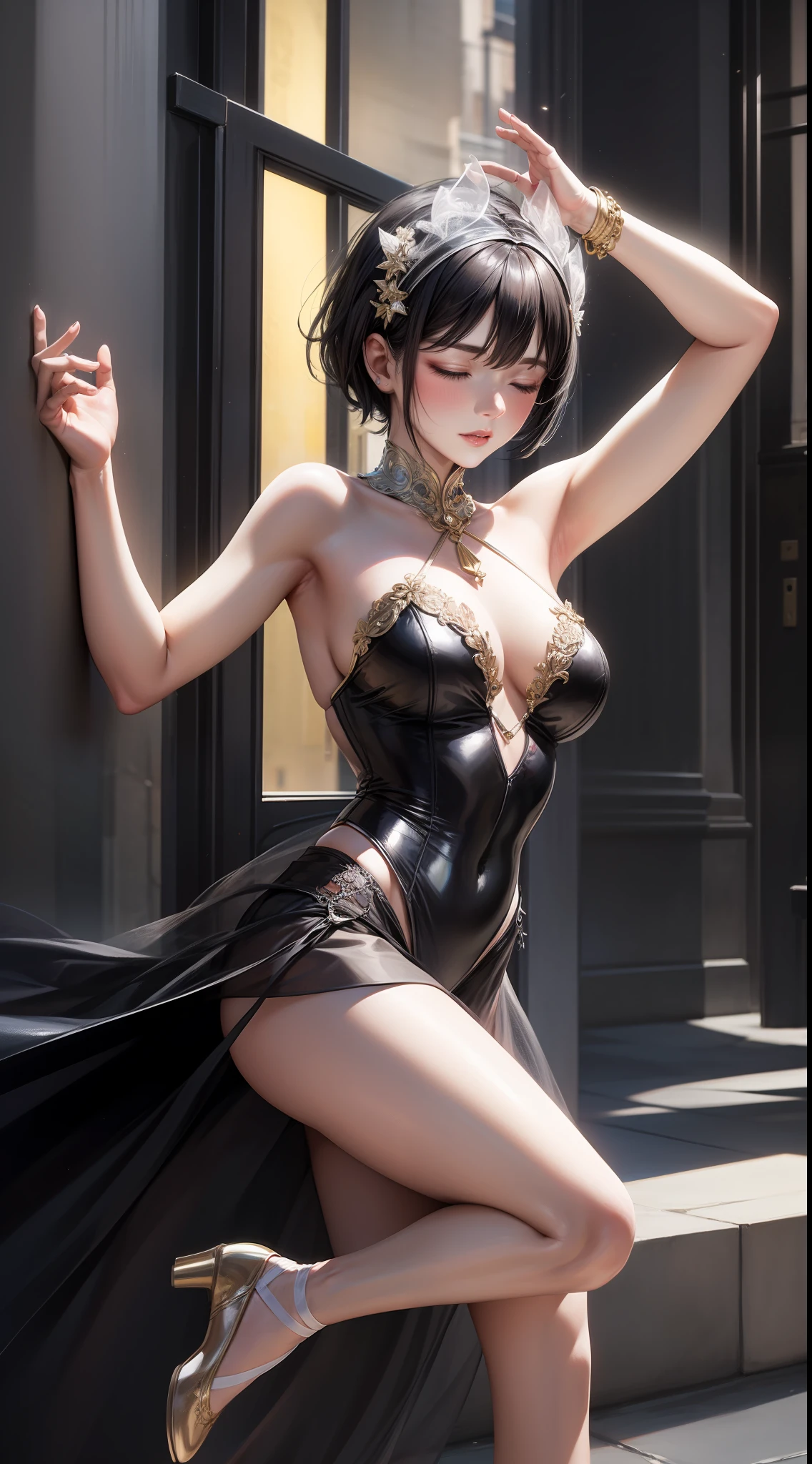 Adult female, short black hair, closed eyes, Theatrical mask, Rich ballerina clothes, ballet dance, Masterpiece, HighQuality