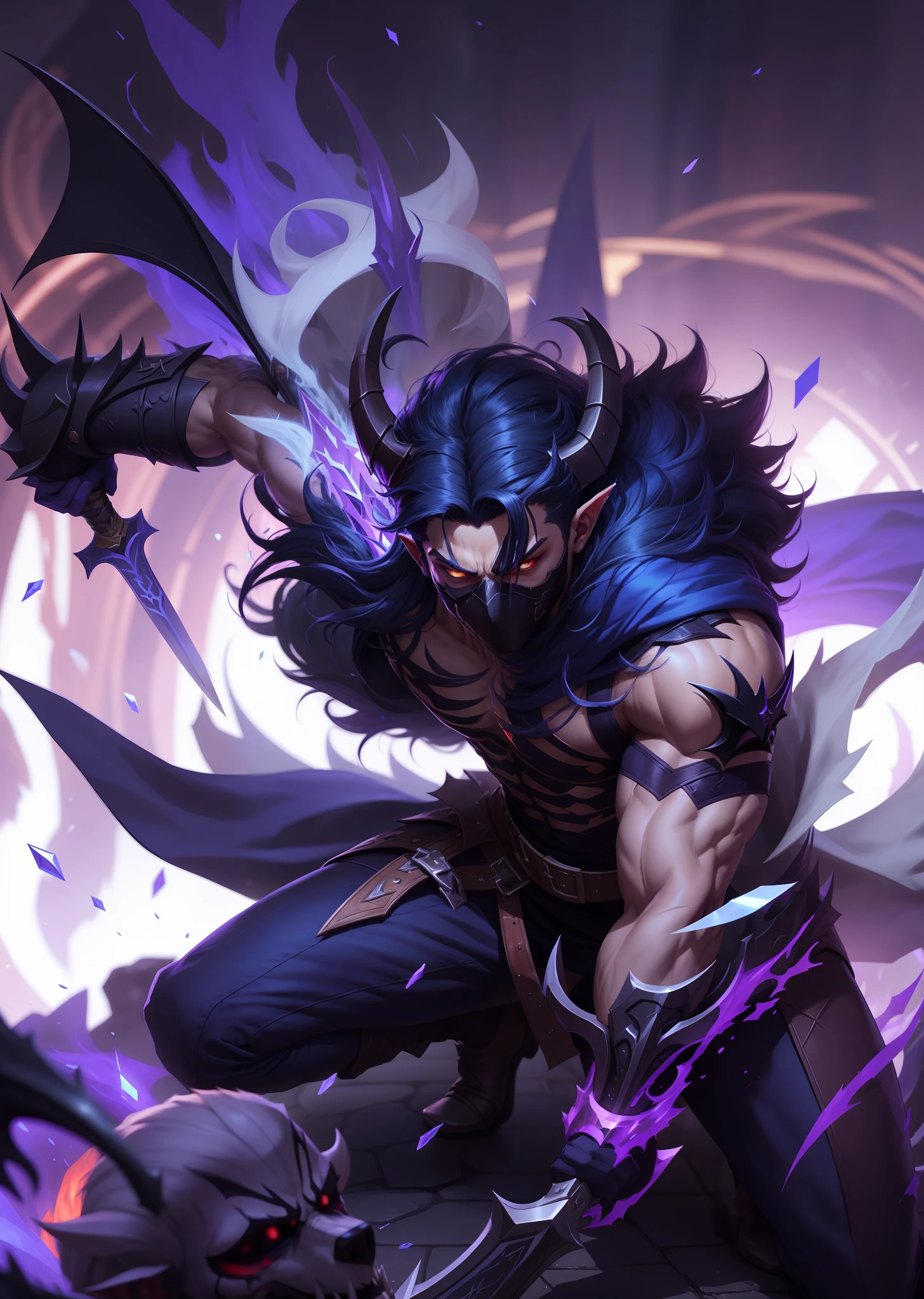 a close up of a person with a sword and a demon, beautiful male god of death, portrait of hades, official splash art, leblanc, male vampire of clan banu haqim, sylas, by Yang J, splash art, the former demon king, king of time reaper, chaos nightmare ❄️ amour venom, league of legends art style, masculine, realistic, fix, ninja mask