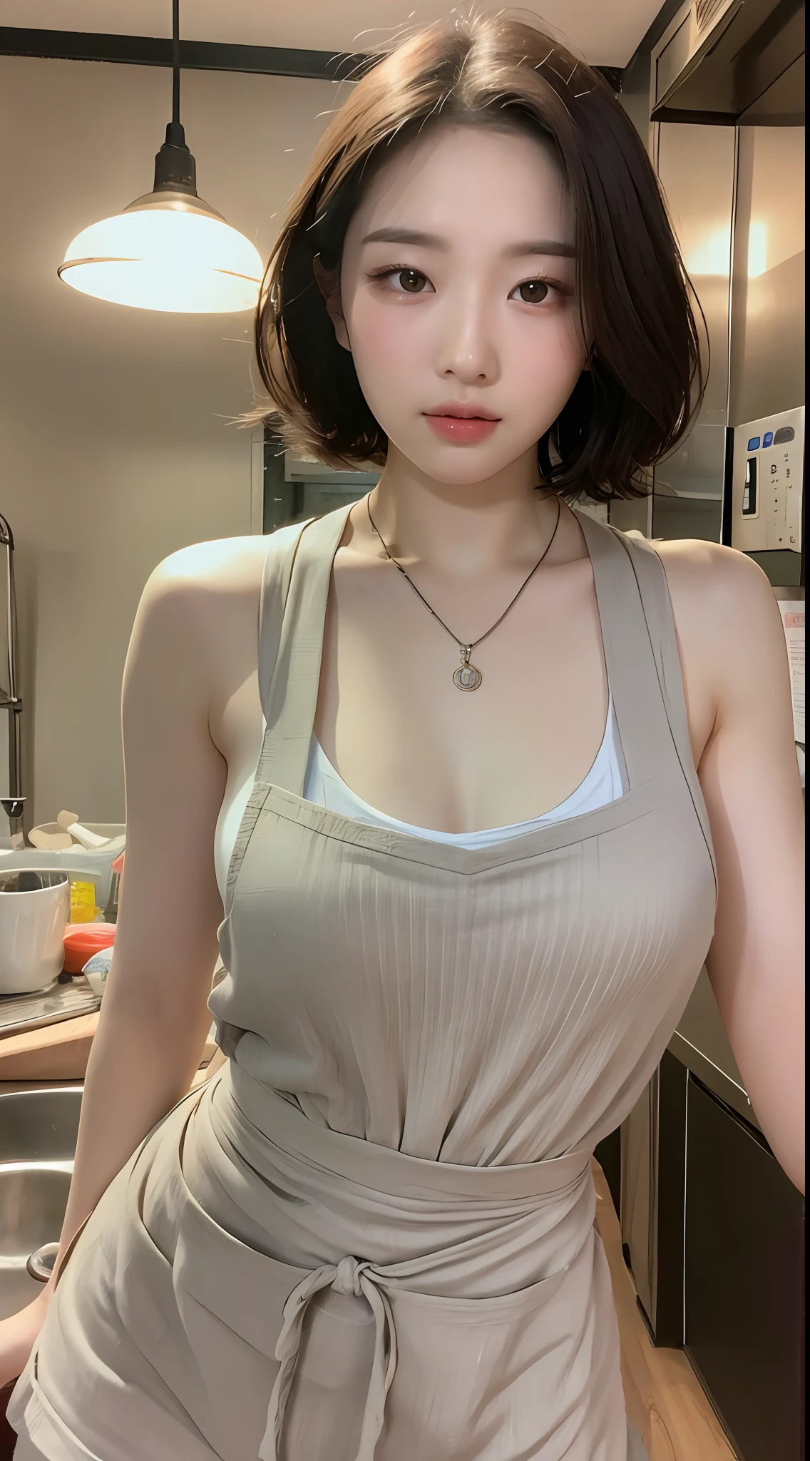 （best qulity，8K，master piece：1.3），A beautiful woman with a perfect figure：1.4，Short hair in layers，Wear a pendant，Wearing a apron，In the kitchen，Highly detailed face and skin，Detailed eyes，Double eyelidd，