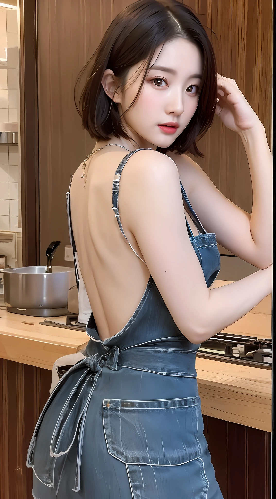 (best qulity,8K,master piece:1.3),A beautiful woman with a perfect figure:1.4,Short hair in layers,Wear a pendant,Wearing a apron,In the kitchen,Highly detailed face and skin,Detailed eyes,Double eyelidd,