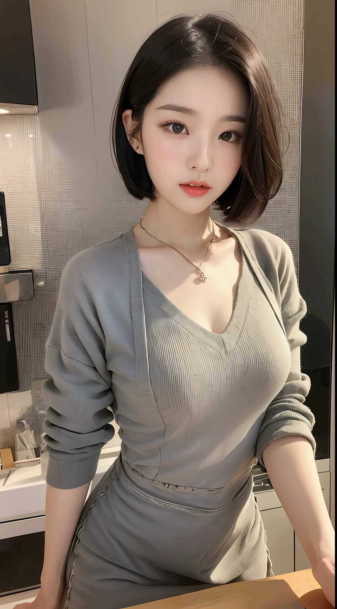 (best qulity,8K,master piece:1.3),A beautiful woman with a perfect figure:1.4,Short hair in layers,Wear a pendant,Wearing a apron,In the kitchen,Highly detailed face and skin,Detailed eyes,Double eyelidd,