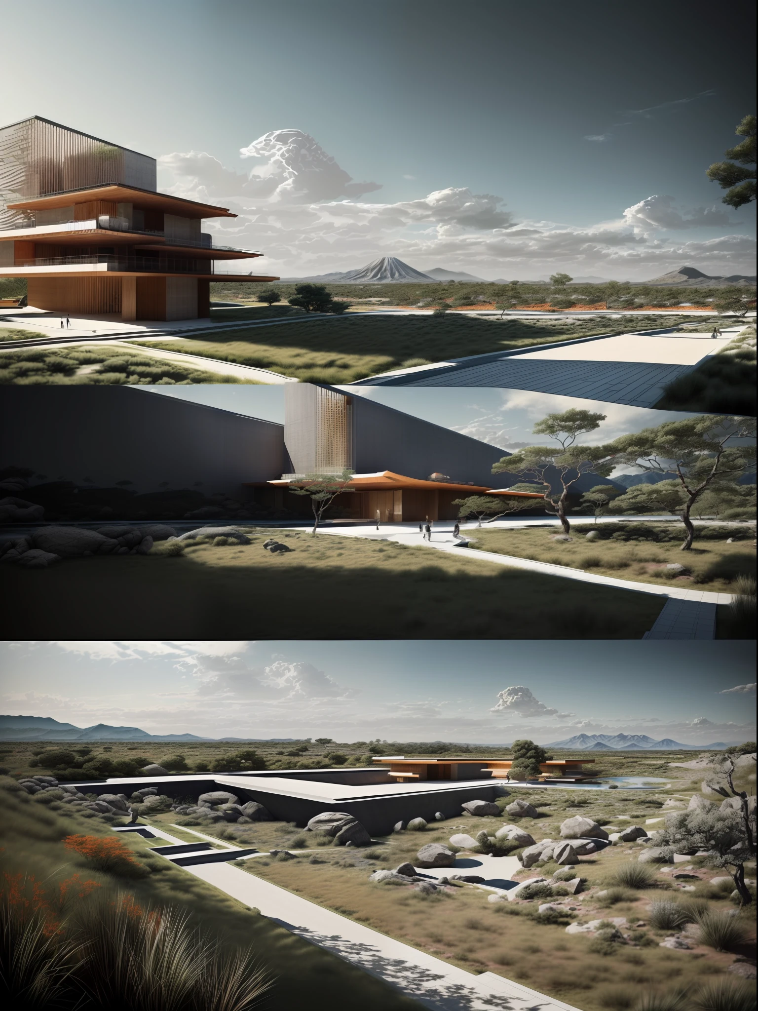 ((masterpiece, best quality)),illustration,ultra detailed 8k. (((An illustration of a build designed by Tadao Ando))), with a desertic vegetation garden, big rocks, lake,volcano in horizon, smooth clouds, (((illustration collage format))), Hergé's art style, (((multiple sections))), (orange, blue, olive green, grey, black and white)