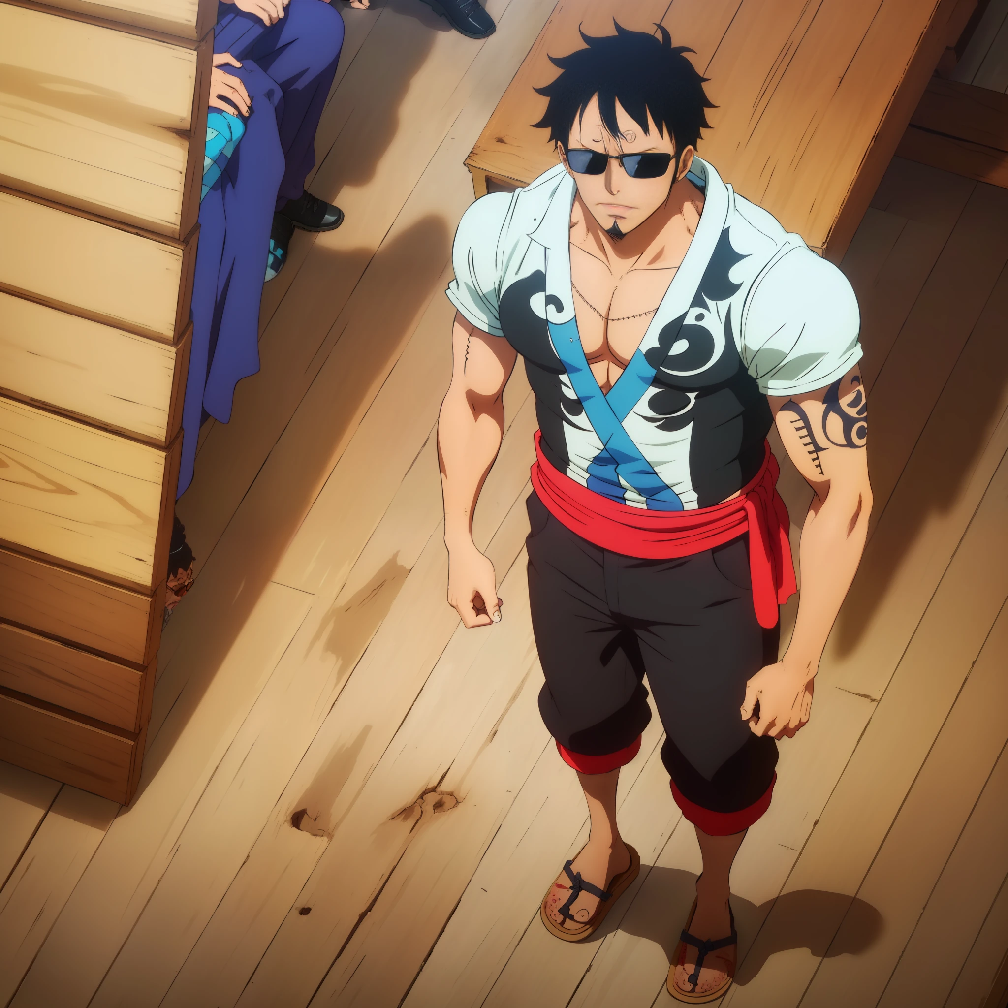 A man with black hair, short and curly - has a brown skin and a strong and defined body, he is tall. He wears sunglasses with a "tattoo" of some strange scriptures under his right eye. He wears an unbuttoned shirt and a pair of hakama pants and a wooden slipper. Anime 80s. One Piece