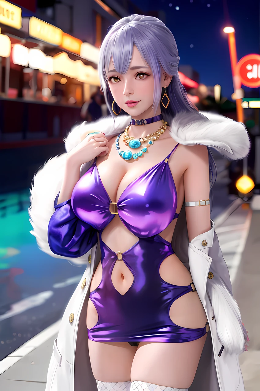 fiona, 1girl, solo, golden, bodycon, microdress, necklace, earring, navel, face focus, fur coat, face focus, night sky, beach